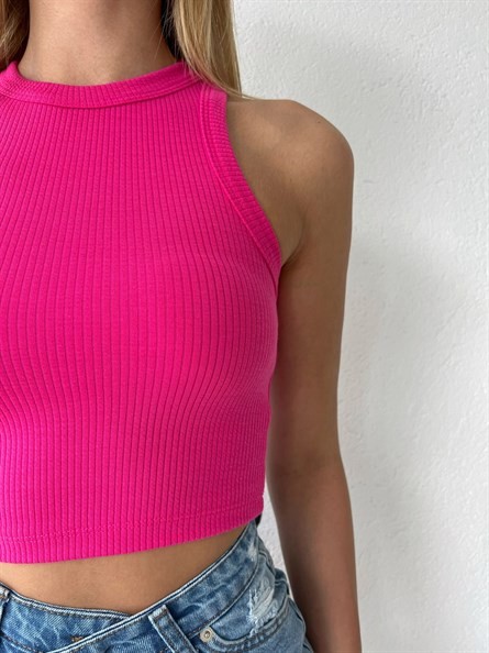 Halter Yaka Fitilli Croptop Fuşya
