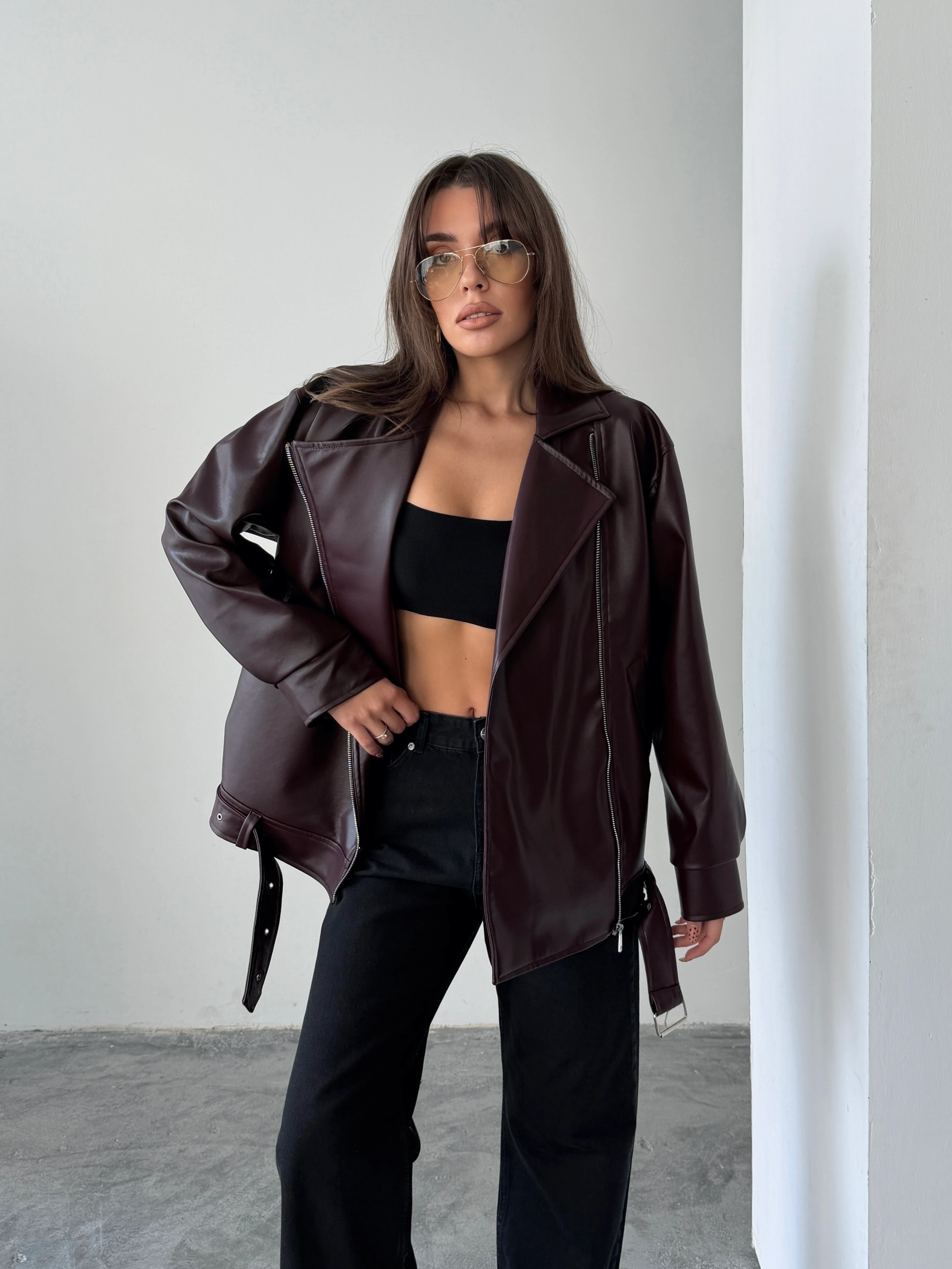 Kemerli Oversize Deri Ceket  - Bordo