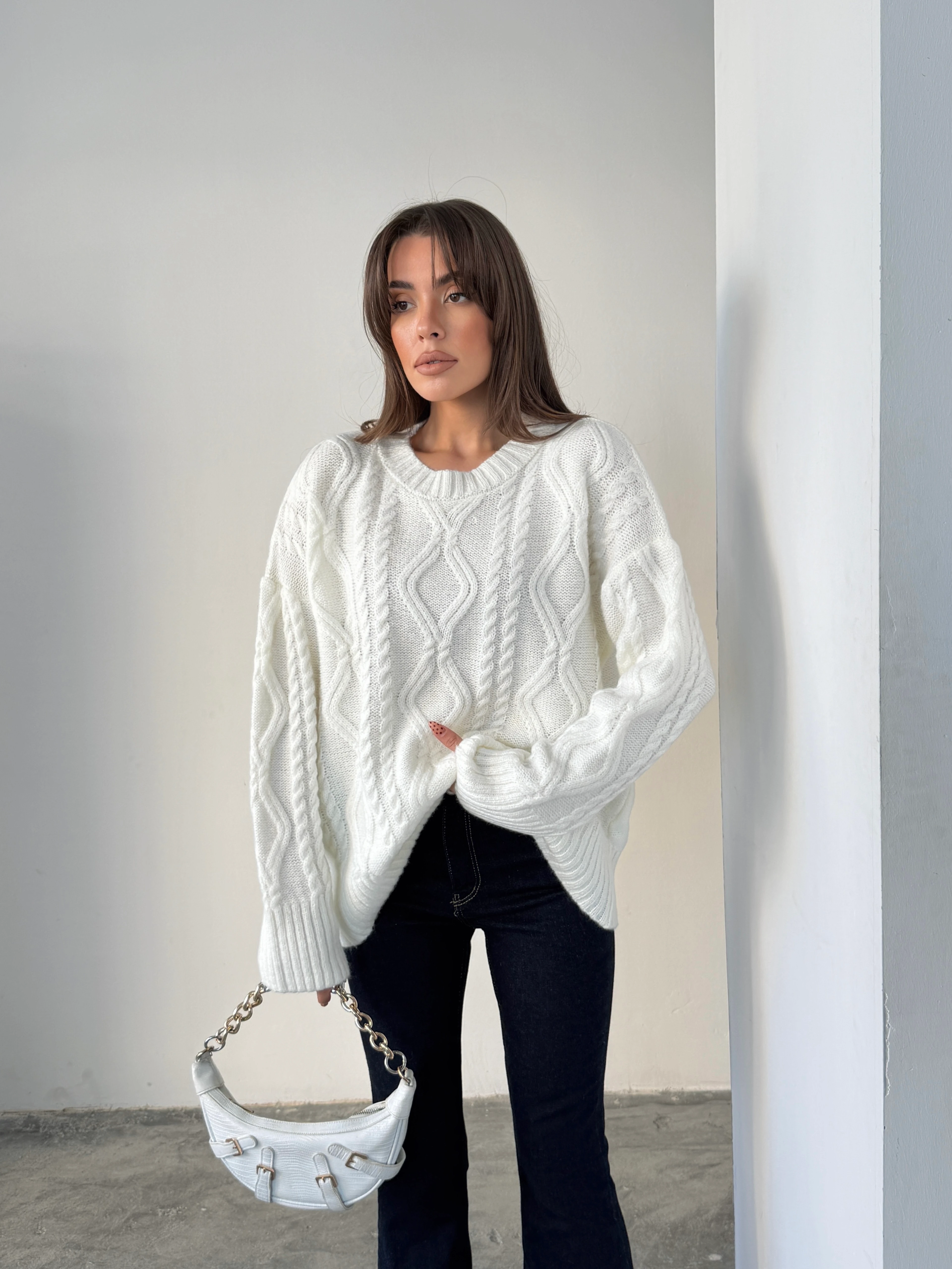 Saç Örgü Desenli Yıkamalı Triko - Ekru