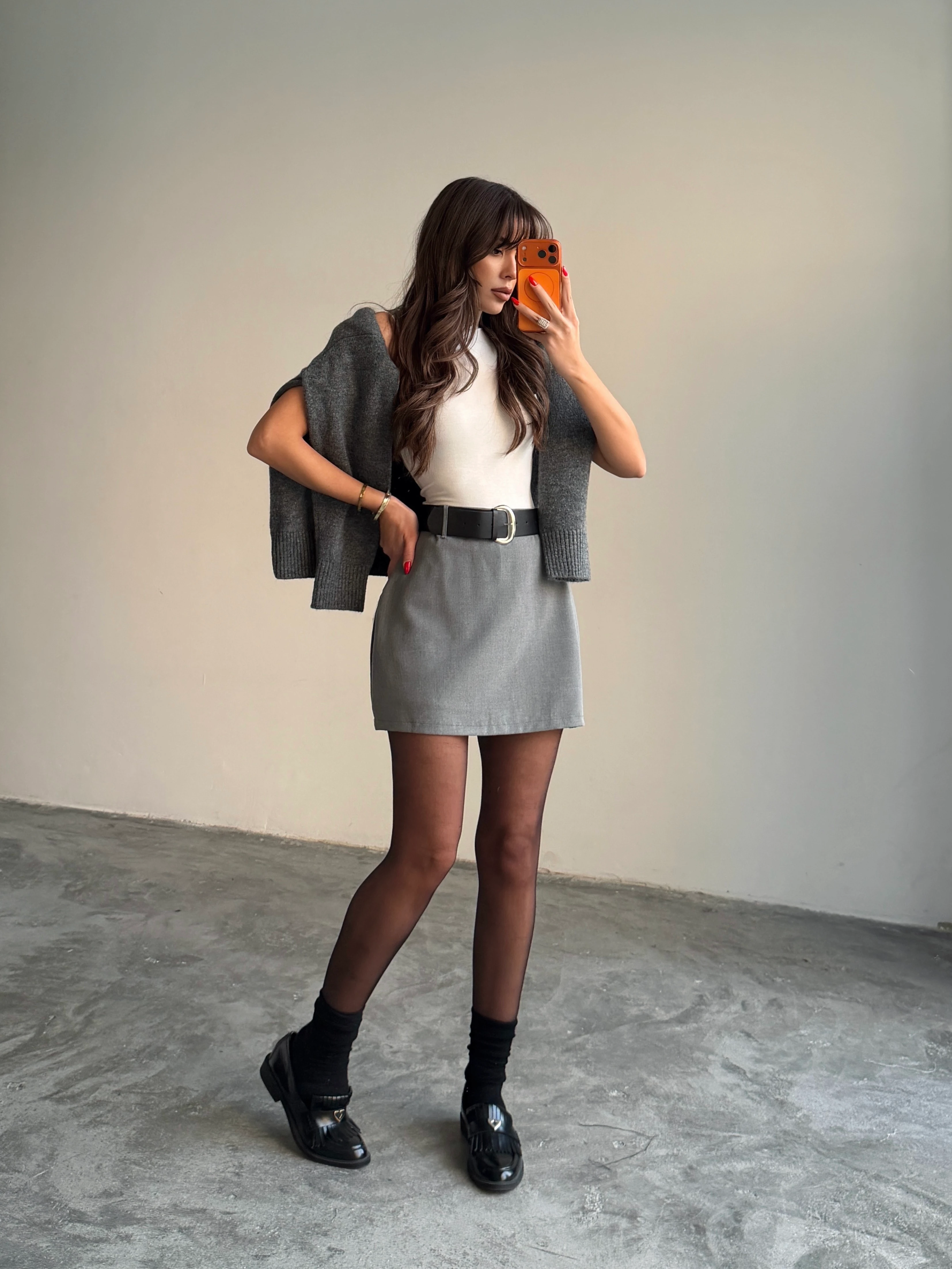 İçi Şortlu Kemerli Etek - Gri