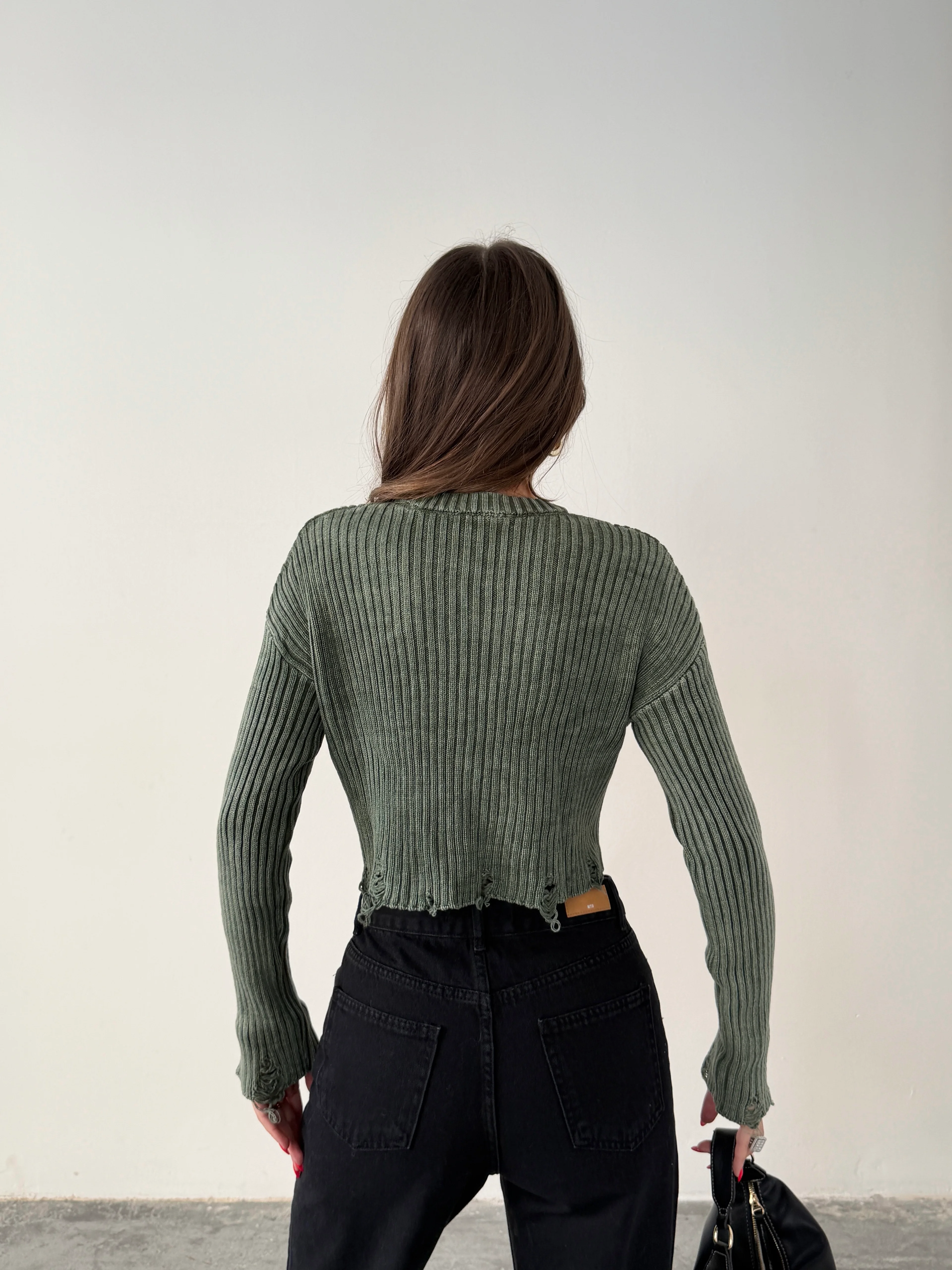 Yırtık Detay Crop Triko  - Haki