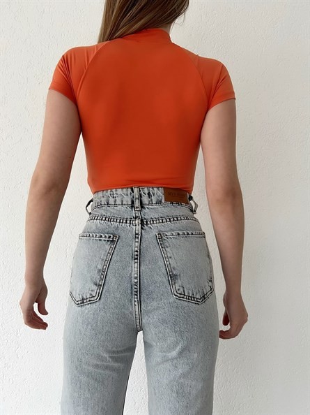 Fermuarlı Dik Yaka Sandy Bodysuit Oranj