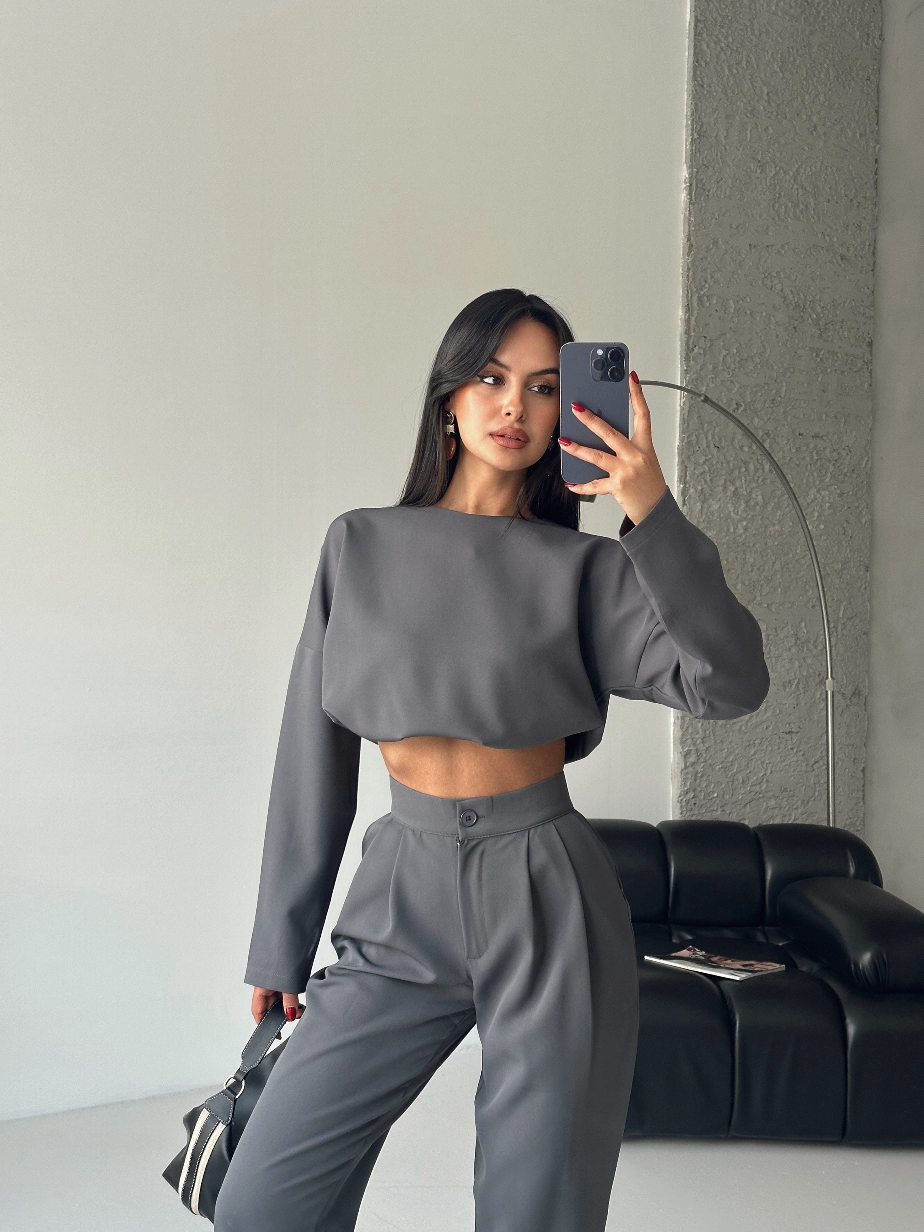 Petra Crop Pantolon Takım Füme