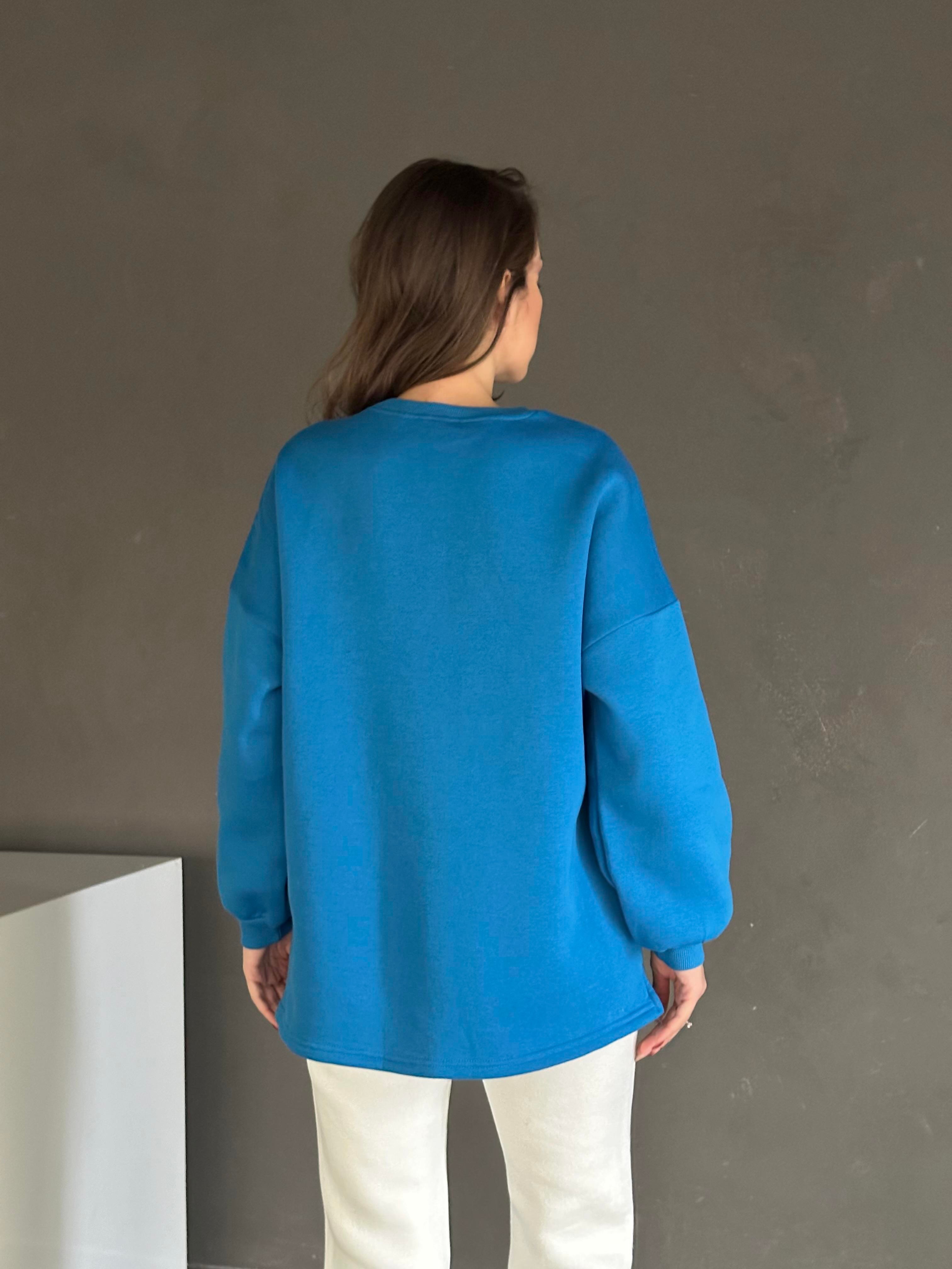 Wondroos Yan Yırtmaç Oversize Sweatshirt Mavi