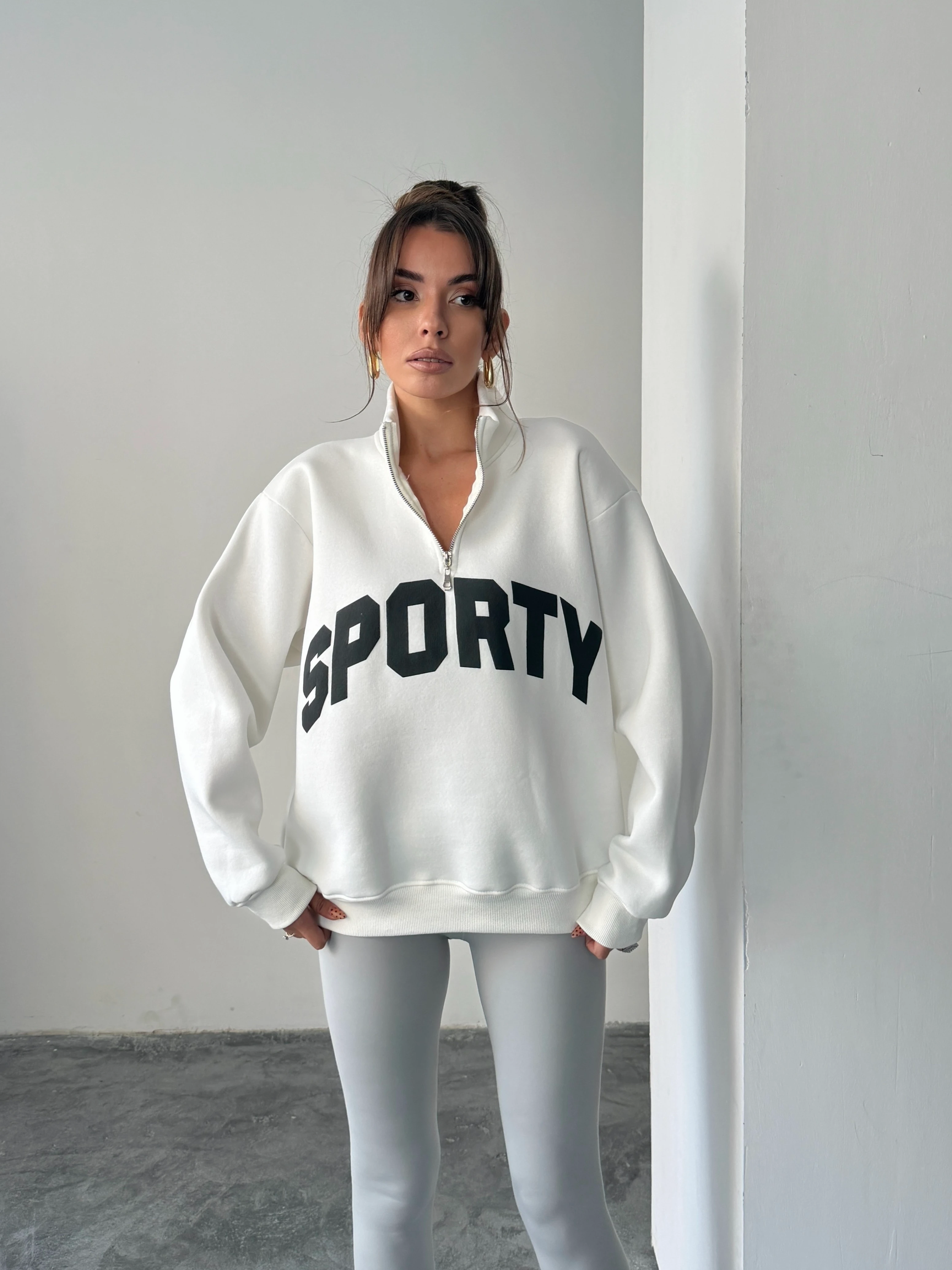 Sporty Yarım Fermuar Sweat - Ekru