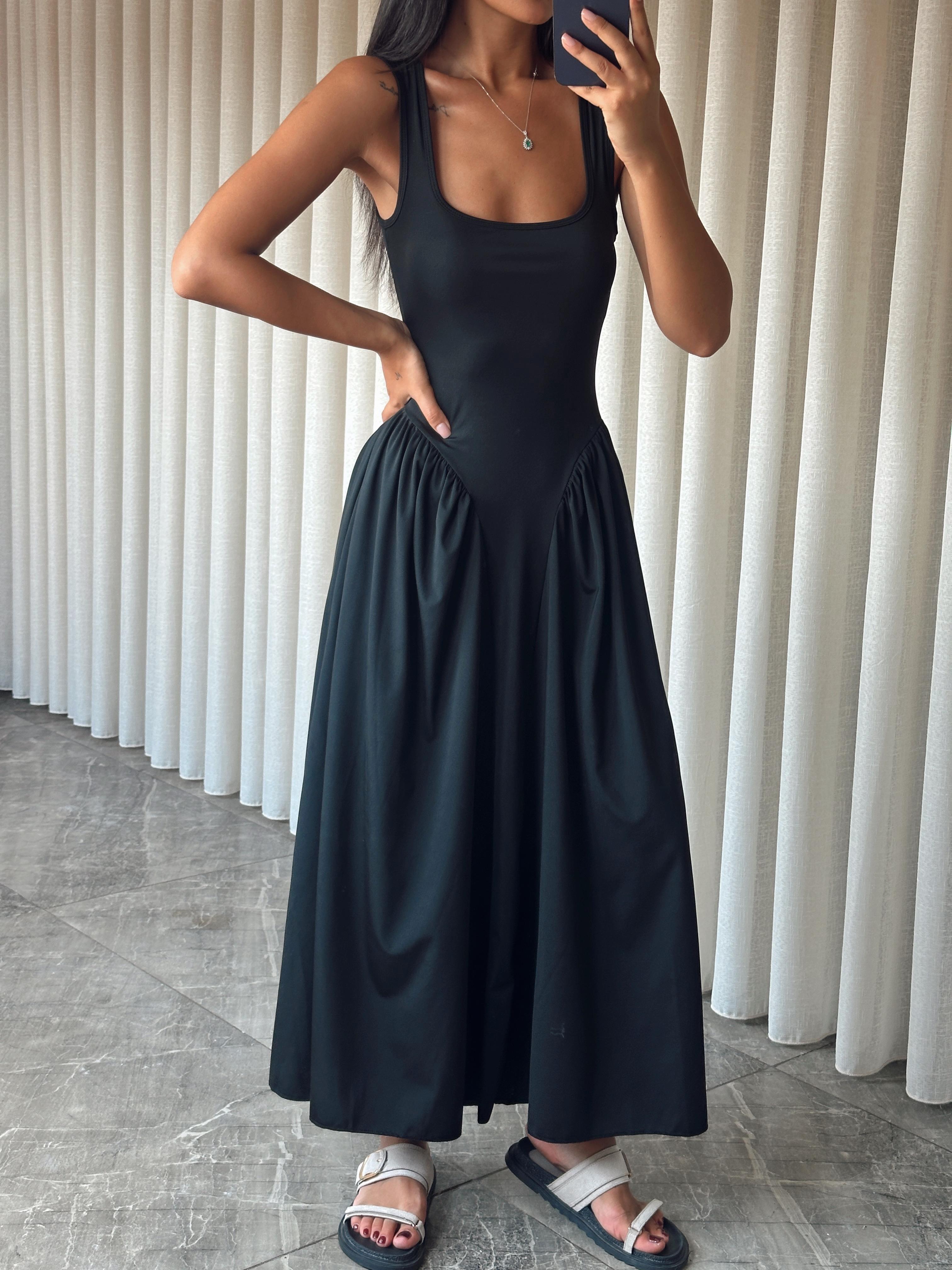 Korse Detaylı Midi Elbise - Black