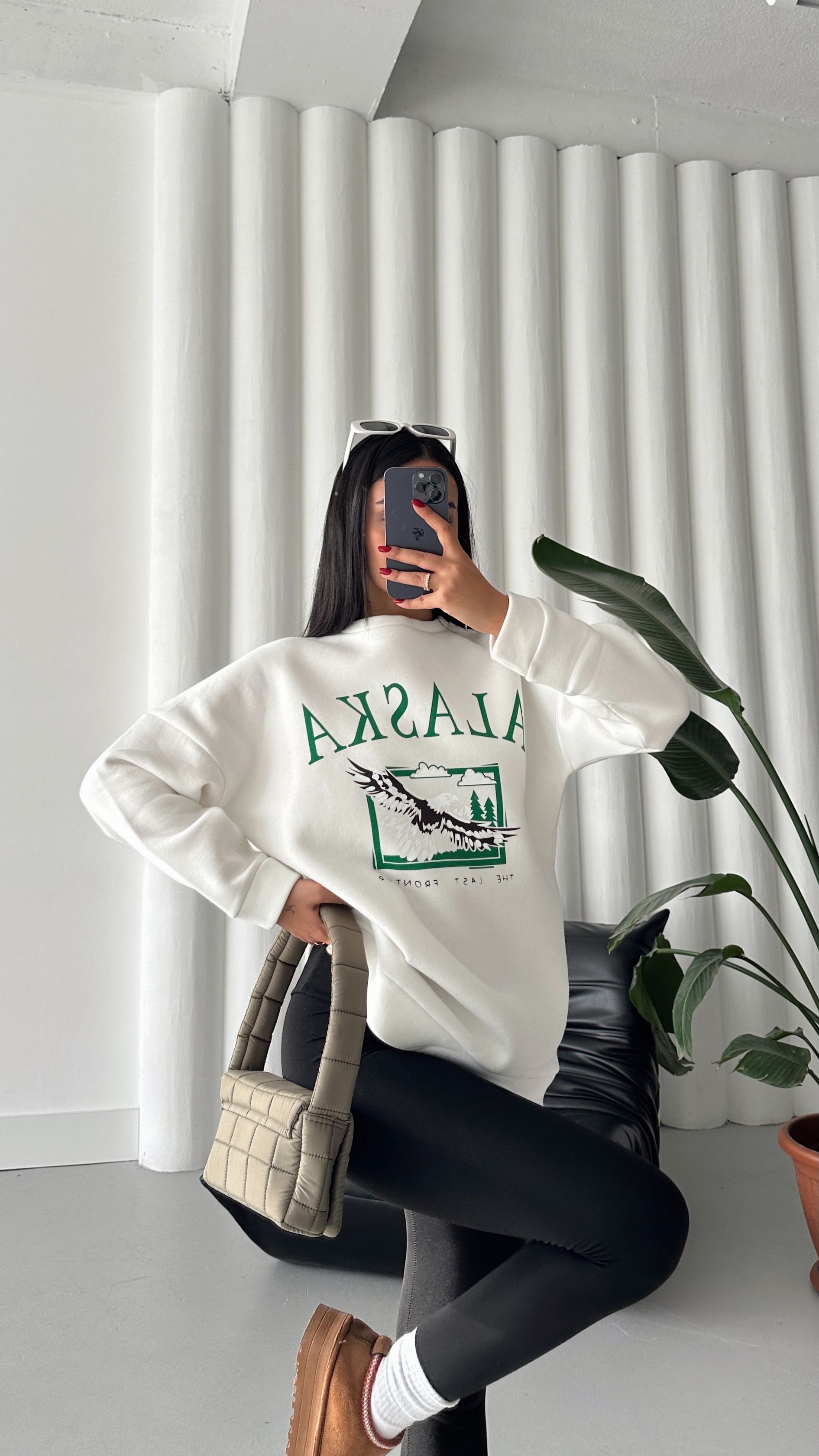 Alaska Üç İplik Şardonlu Oversize Sweat Beyaz