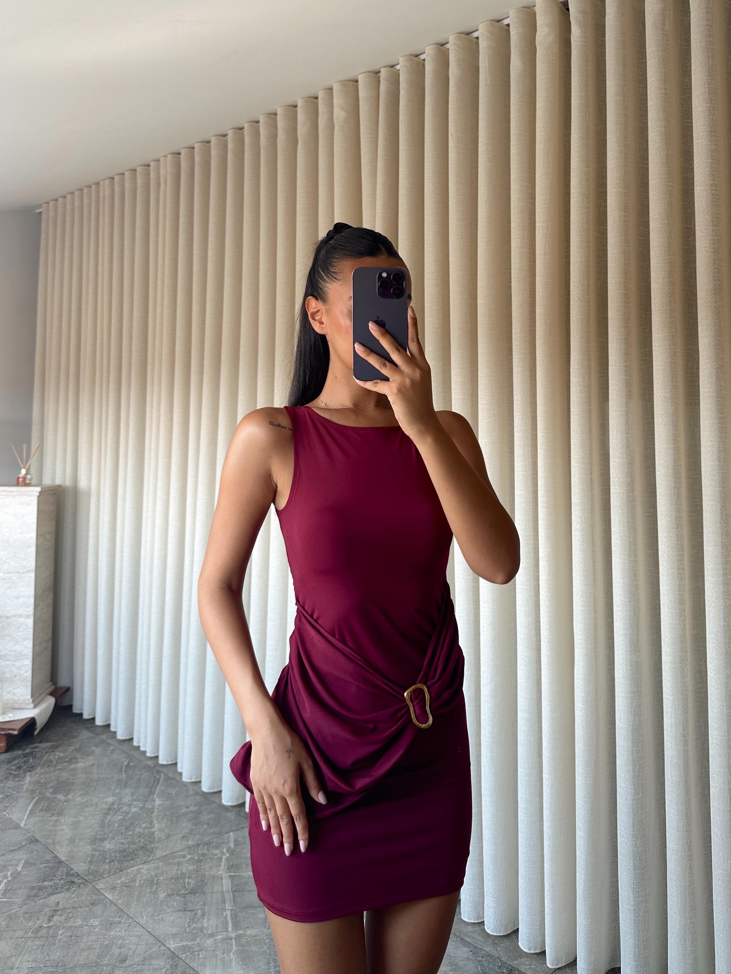 Beli Tokalı Mini Elbise - Bordo