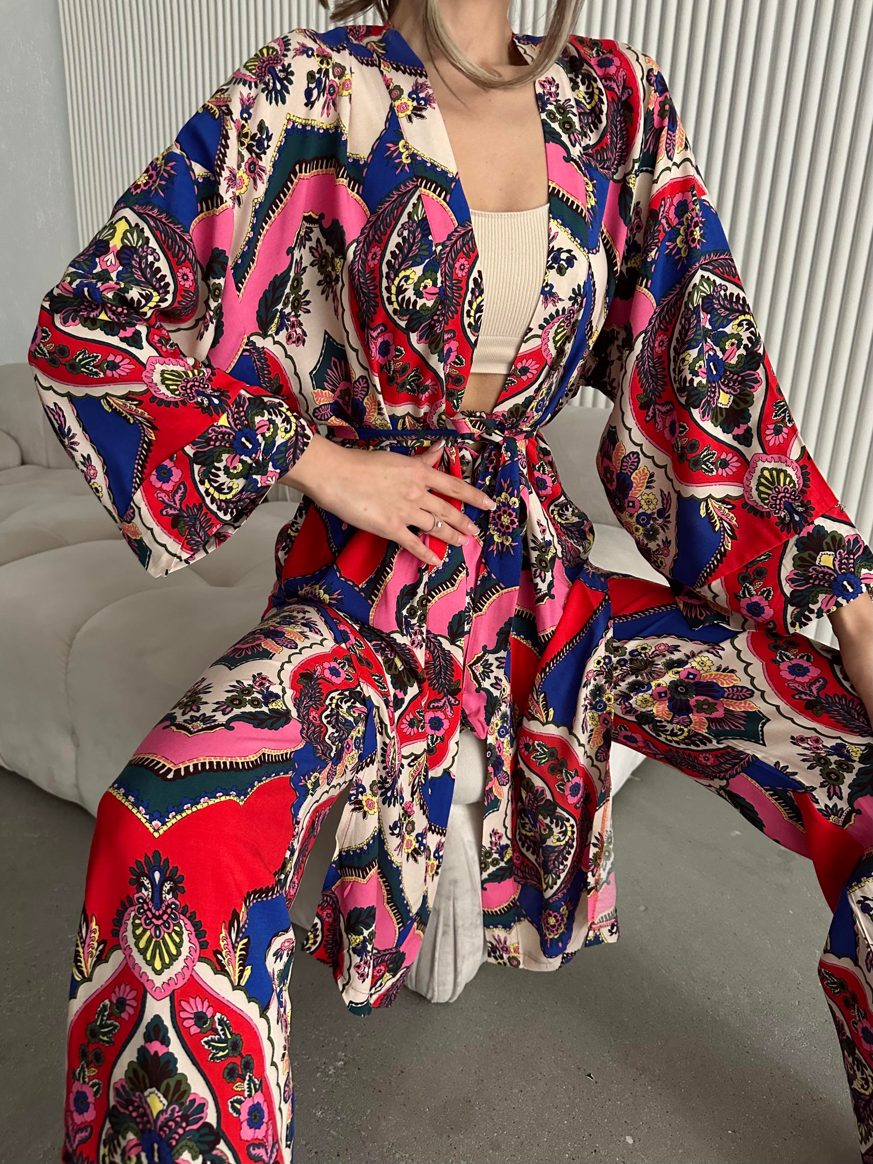 Etnik 2’li Kimono Takım Mavi
