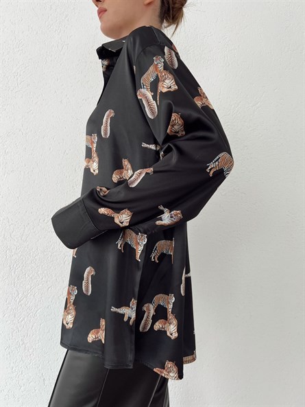Leopar Oversize Saten Gömlek Siyah