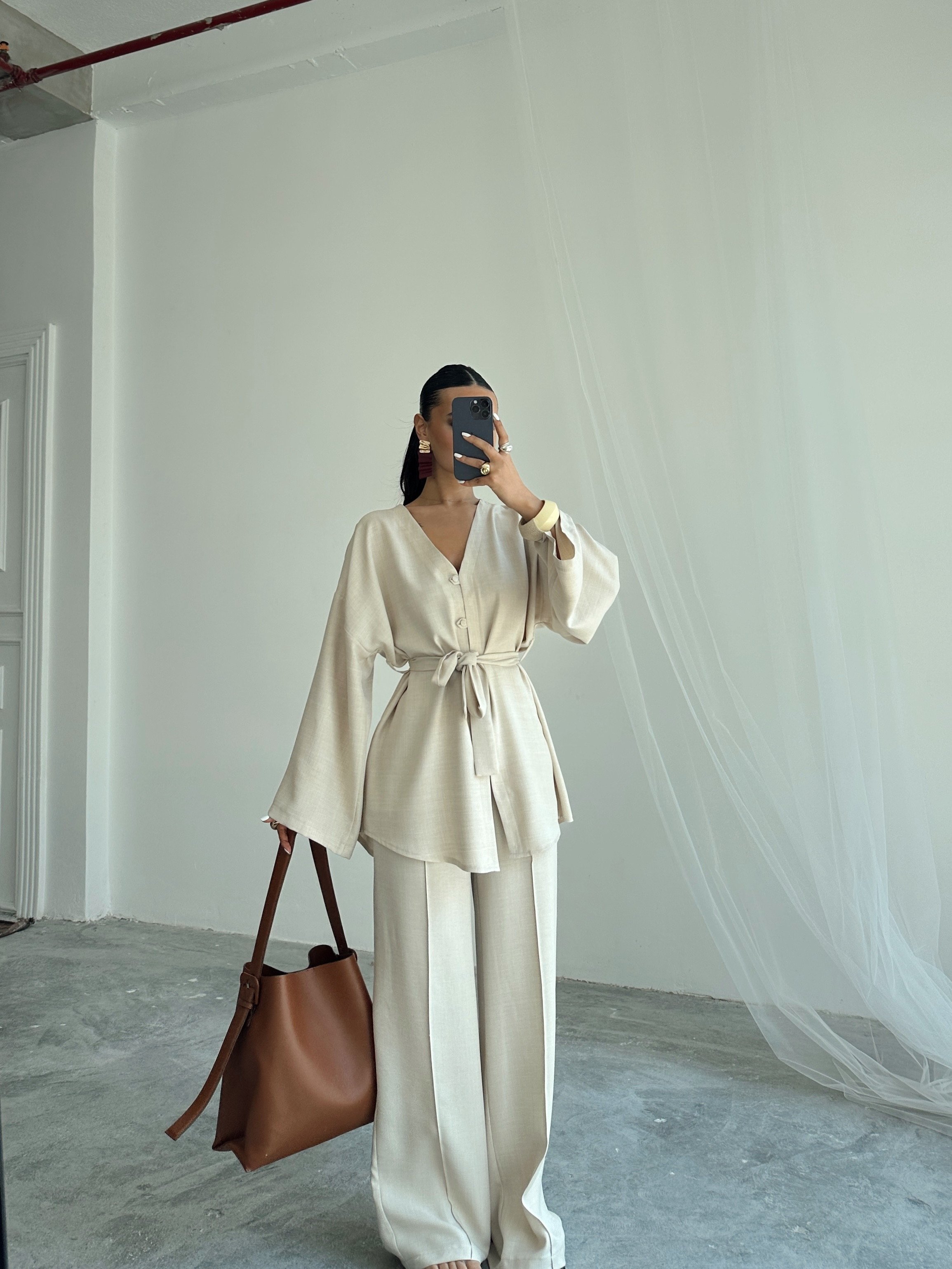Düğme Detay Kuşaklı Kimono Takım - Krem
