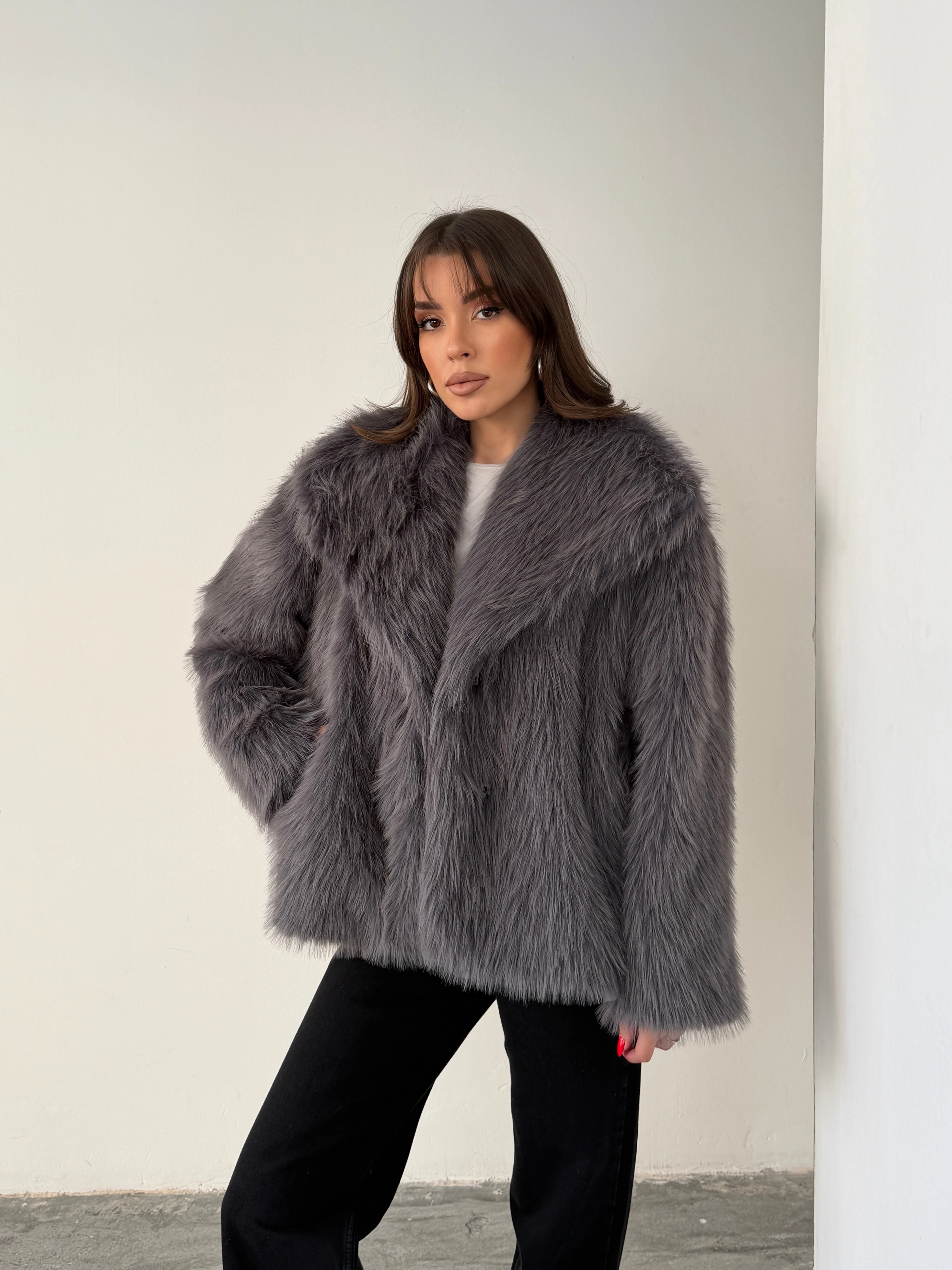 Çıtçıtlı Suni Kürk Ceket - Antrasit