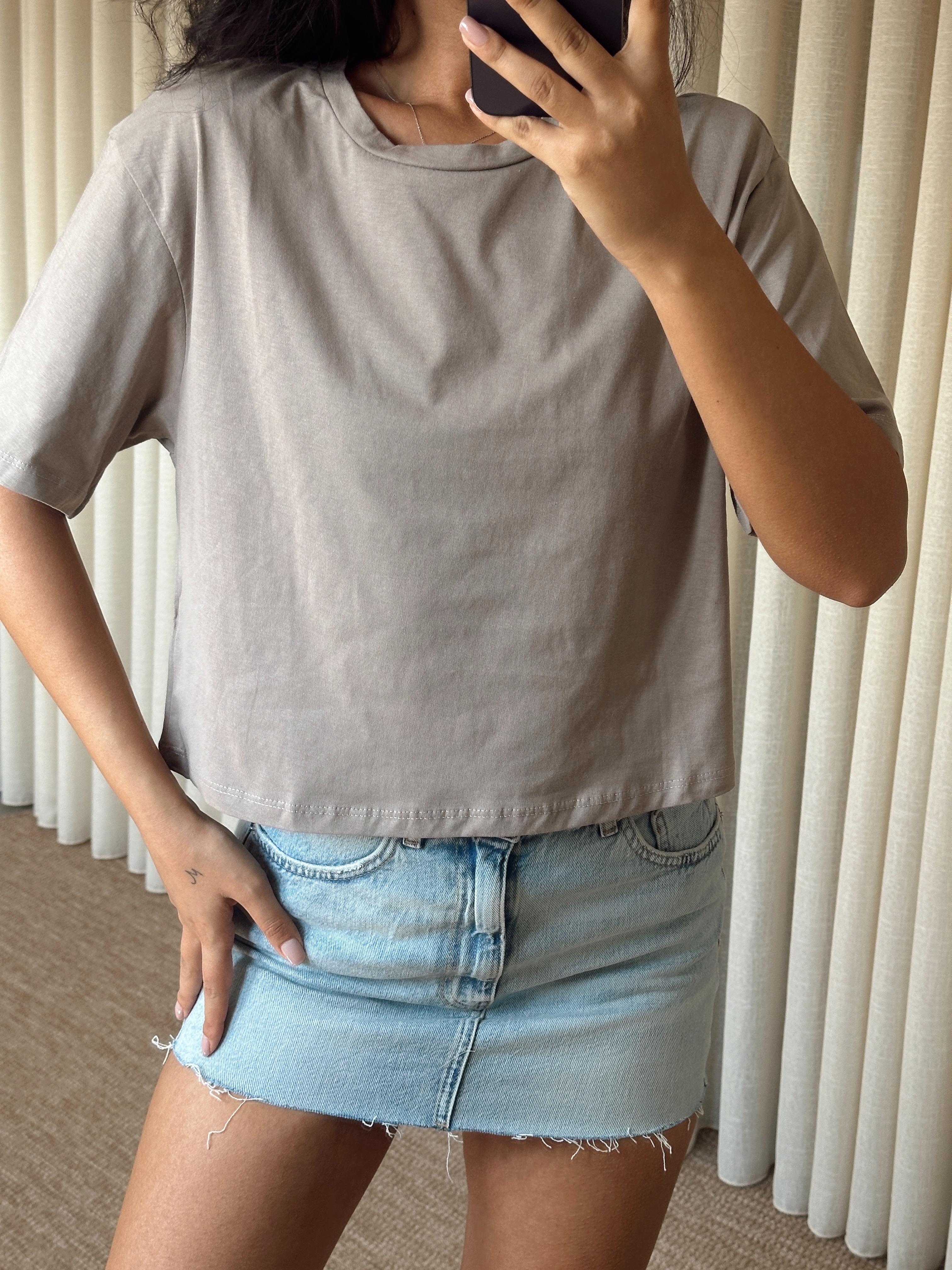 Düz Kısa Kol Crop Basic - Vizon