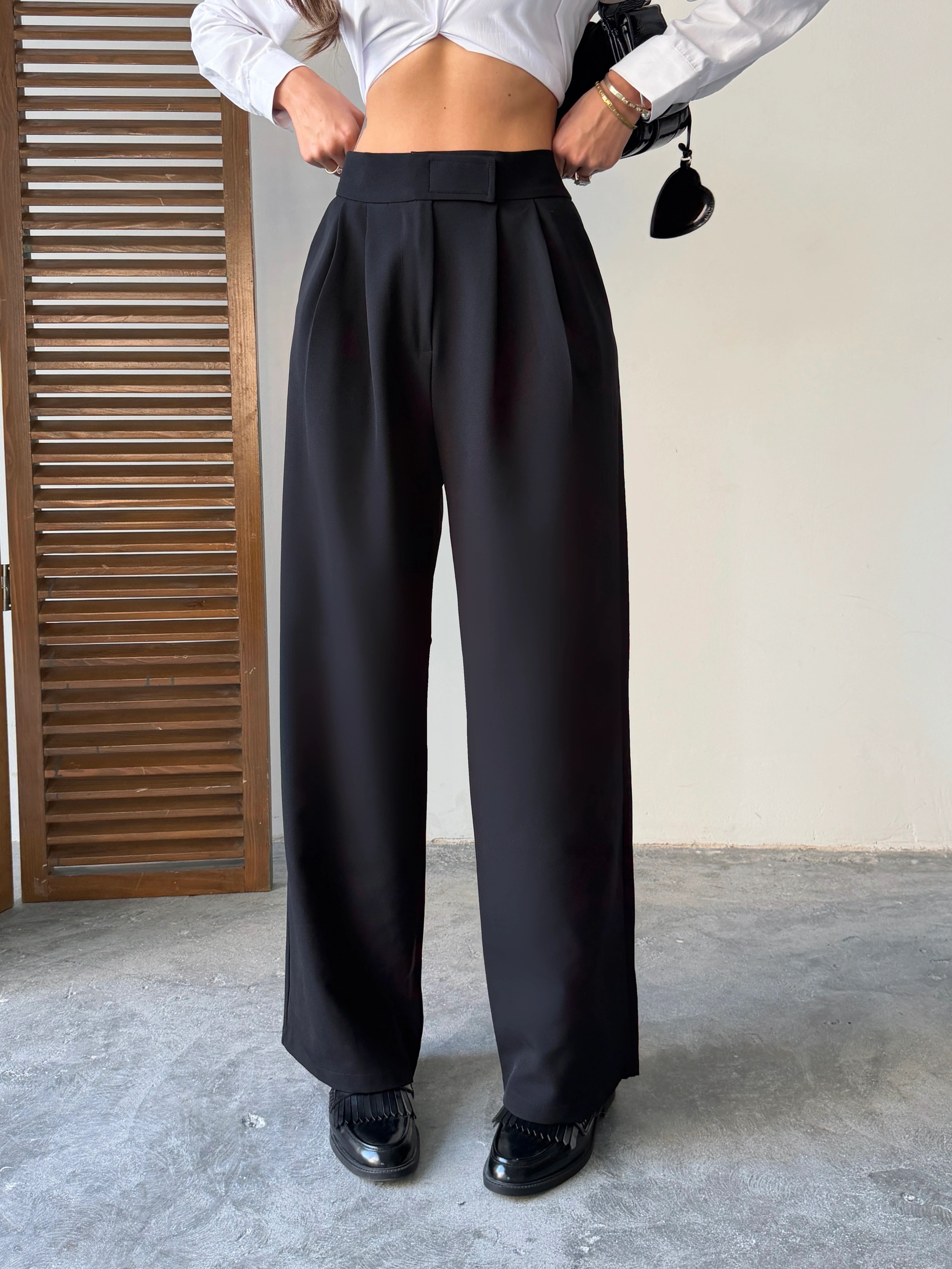 Bel Cırtlı Palazzo Pantolon  - Siyah