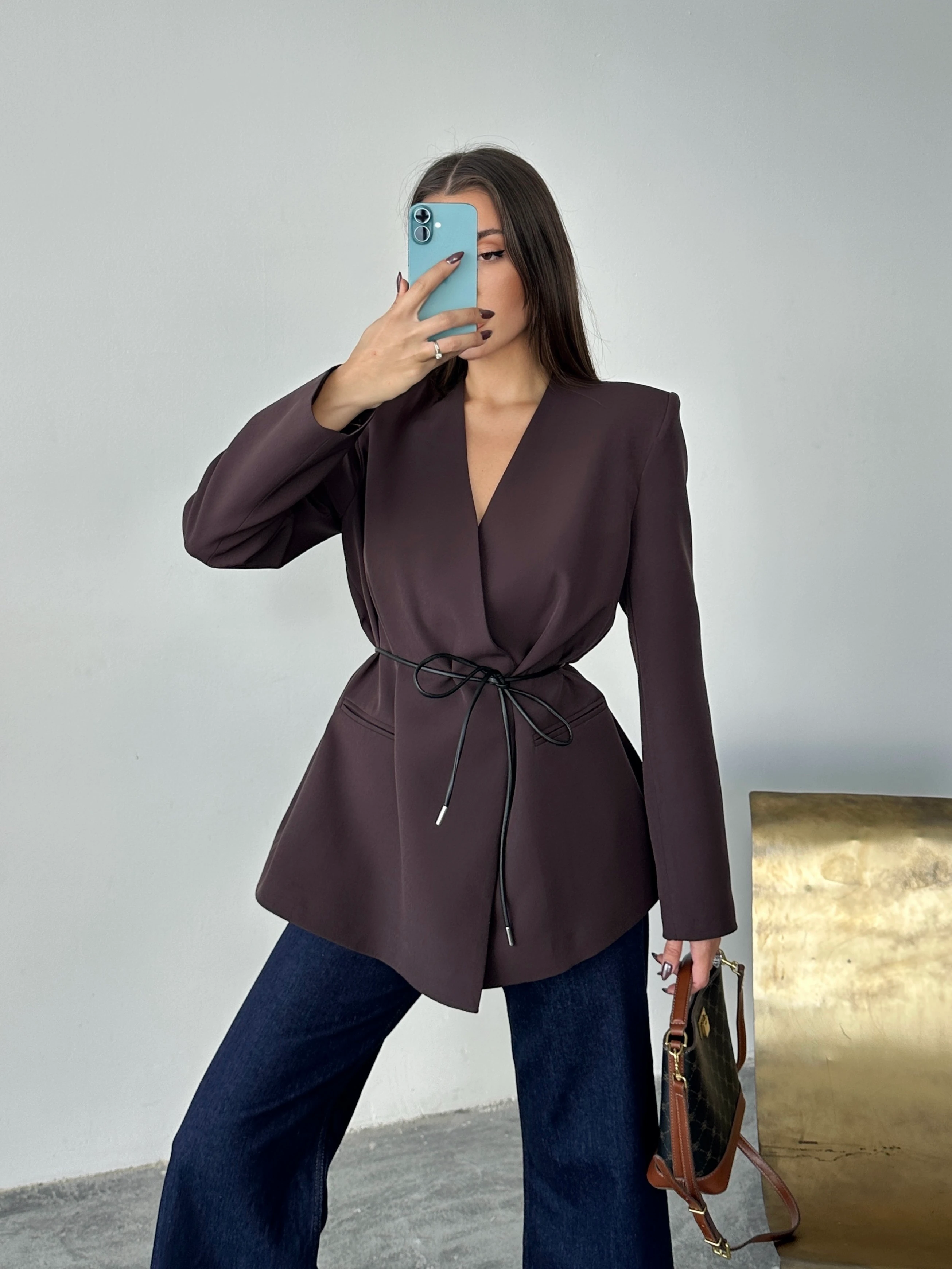 Deri Kemerli Blazer Ceket - Mürdüm