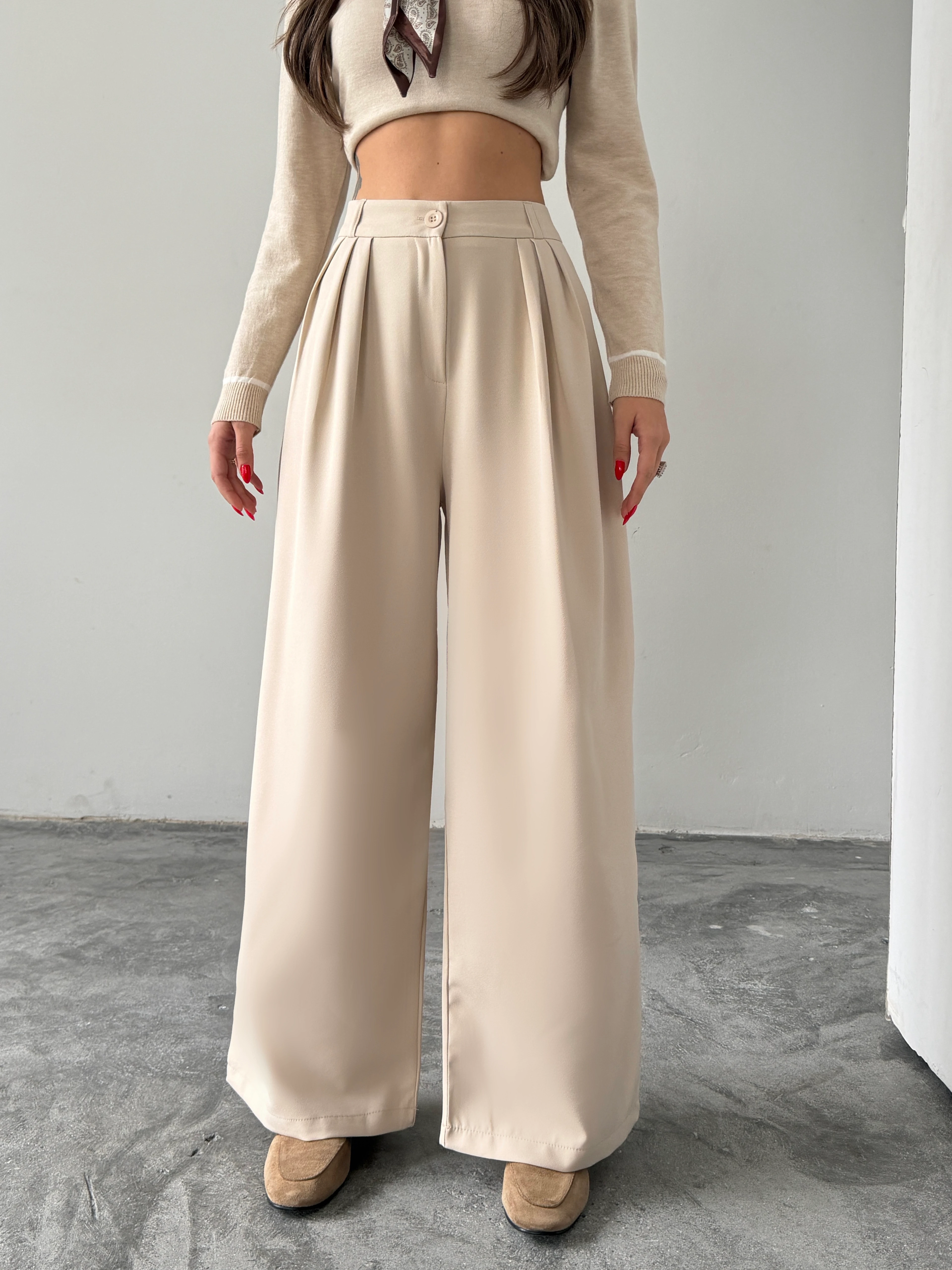 Üç Pile Palazzo Pantolon - Taş