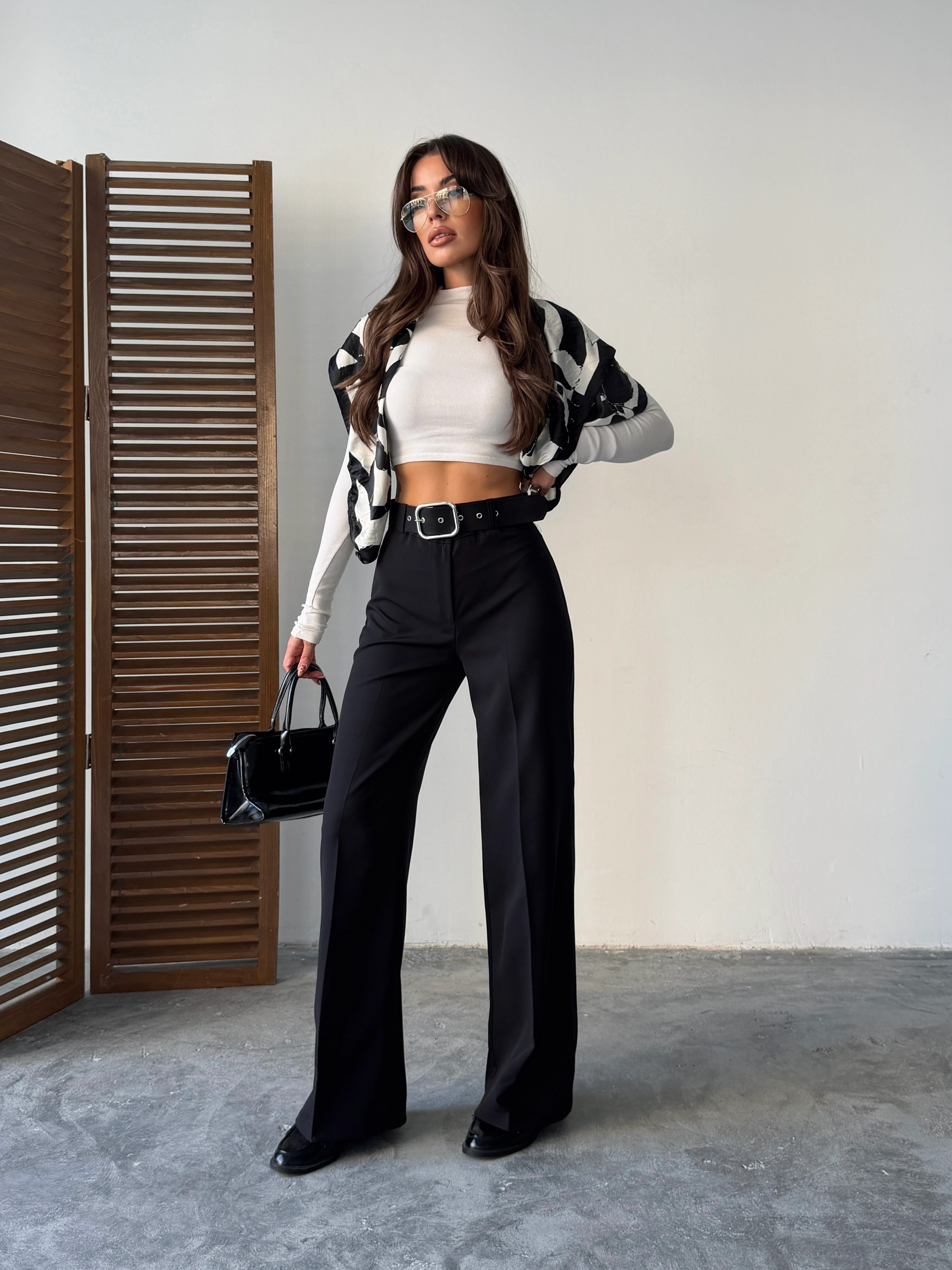 Kemerli Palazzo Pantolon  - Siyah