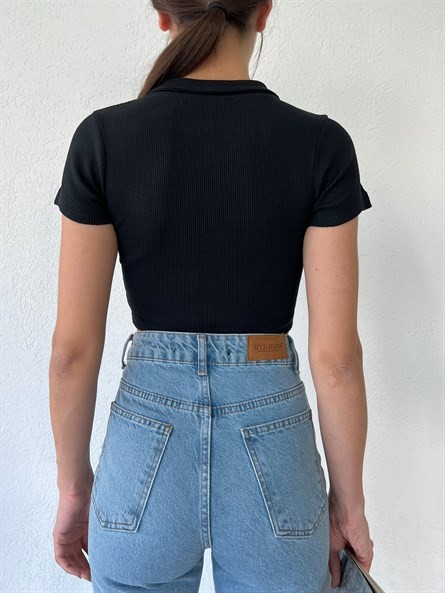 Polo Yaka Kaşkorse Crop Siyah