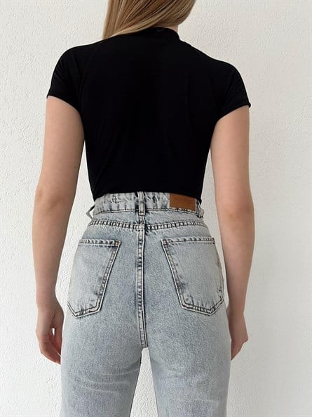 Fermuarlı Dik Yaka Sandy Bodysuit Siyah