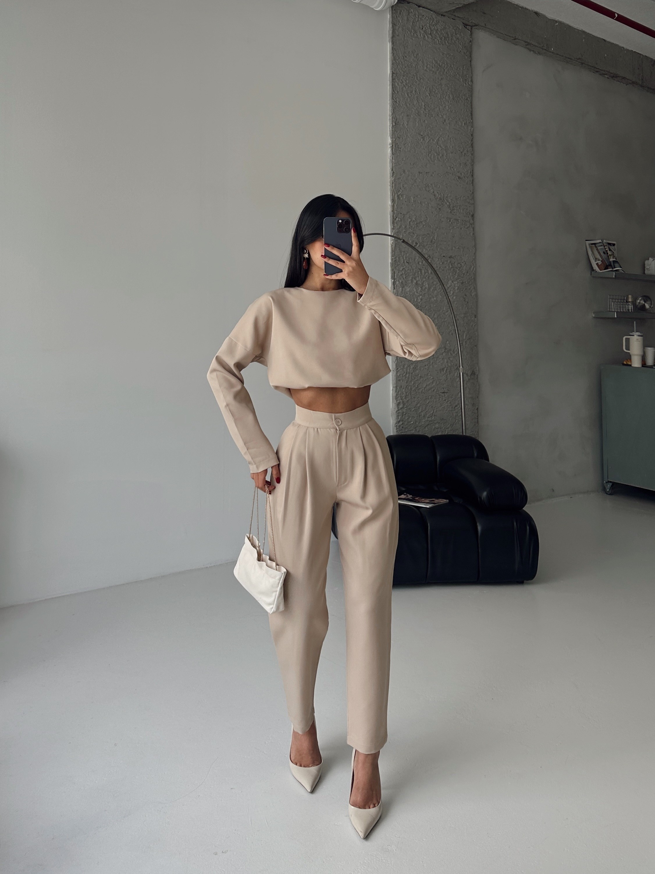 Petra Crop Pantolon Takım Bej