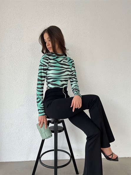 Dik Yaka Wave Scuba Crop Yeşil-Siyah