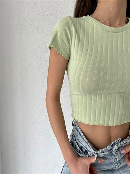 Bisiklet Yaka Fitilli Crop Mint