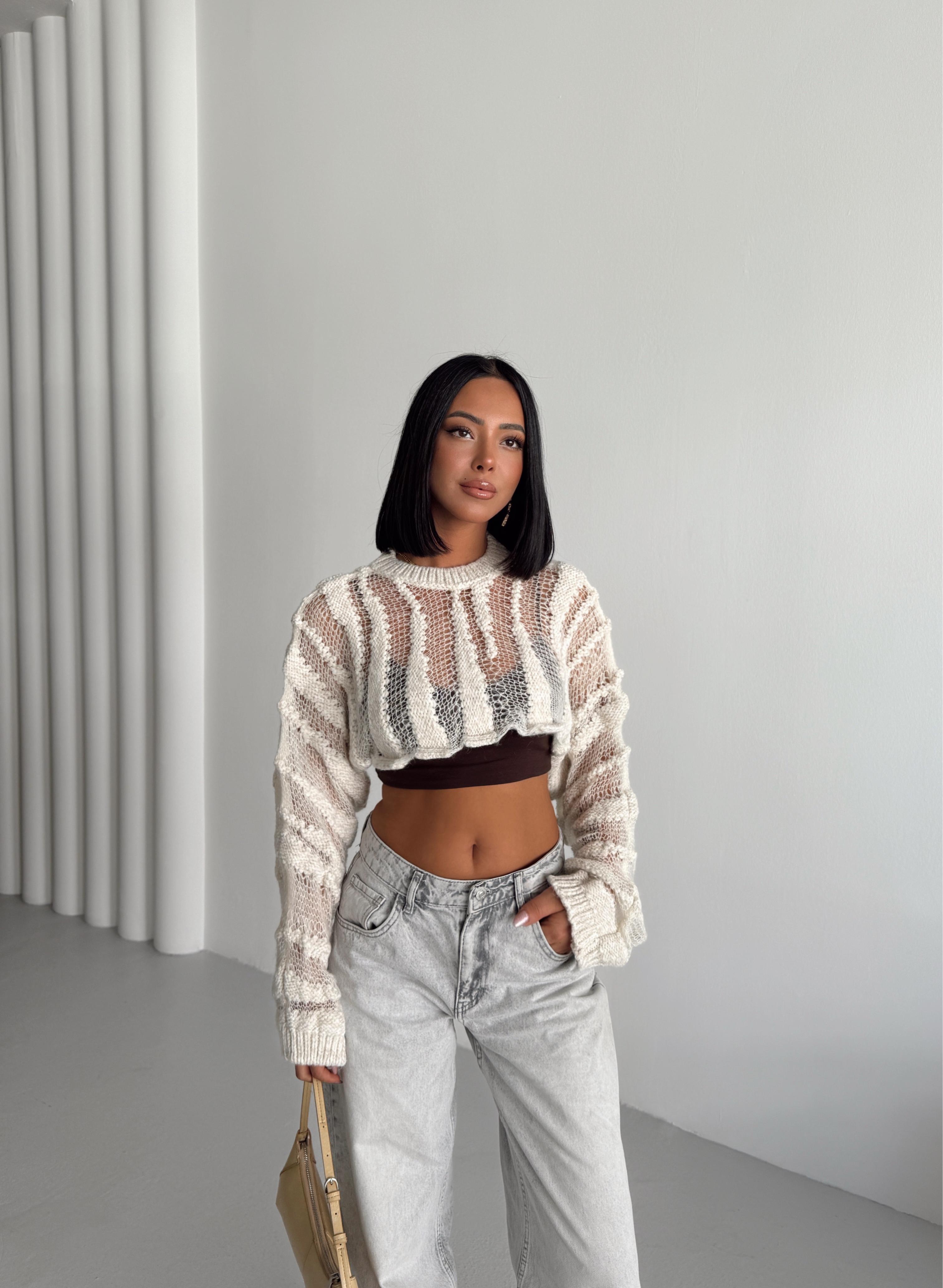 Ajurlu Crop Triko - Krem