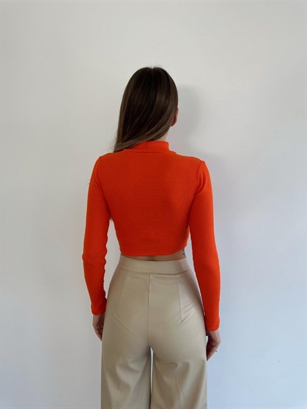 Fermuarlı Dik Yaka Fitilli Crop Bluz Turuncu