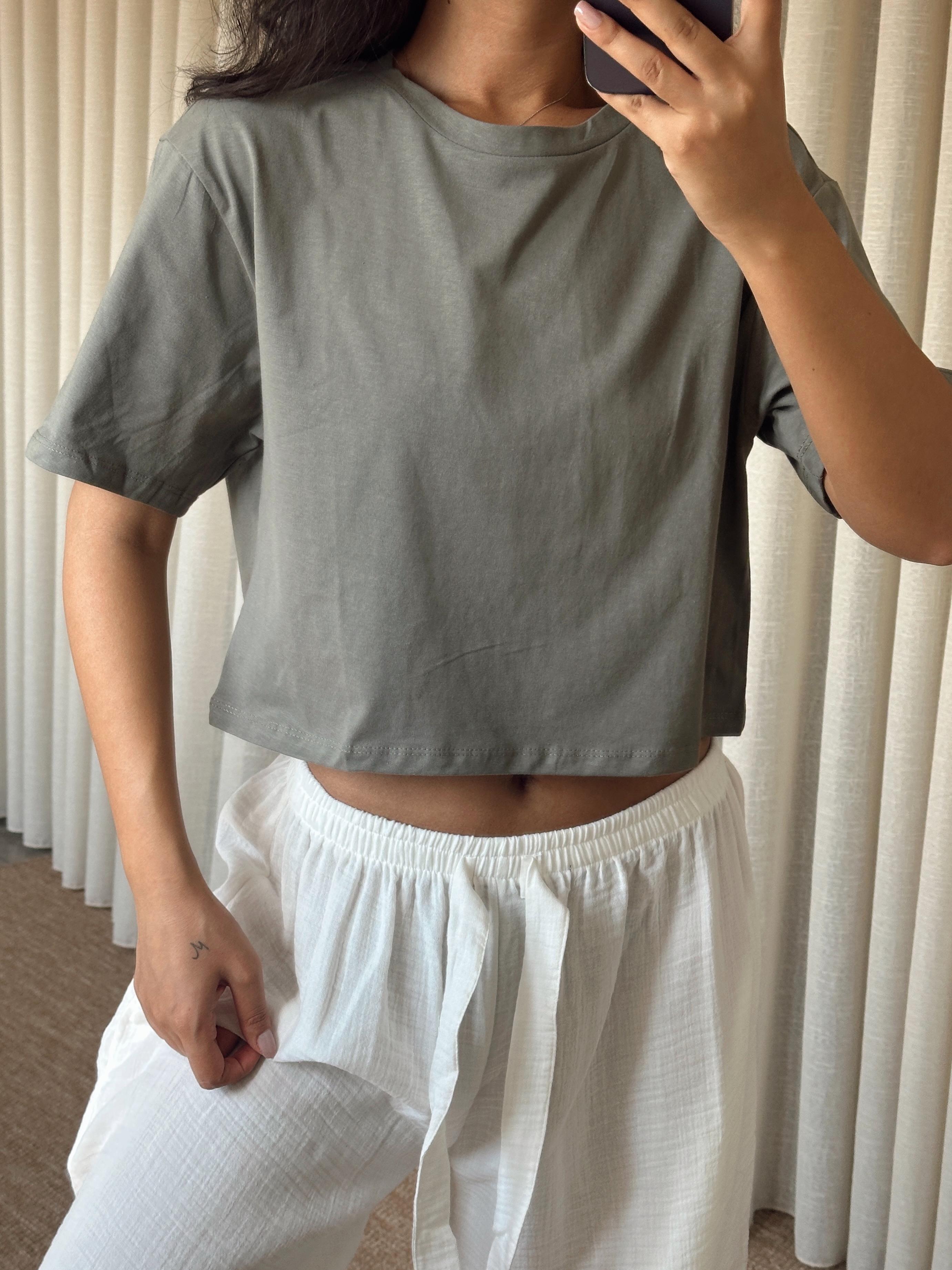 Düz Kısa Kol Crop Basic - Haki