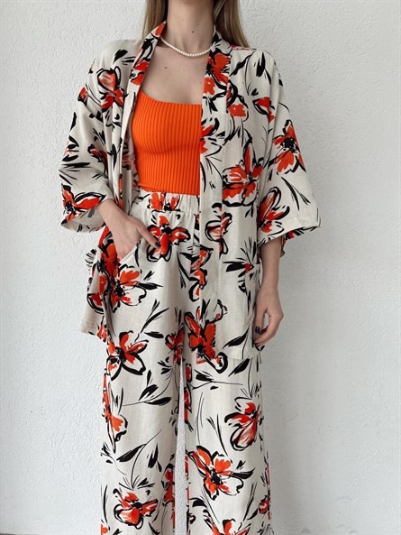 Flora Keten Bağlamalı Kimono Turuncu