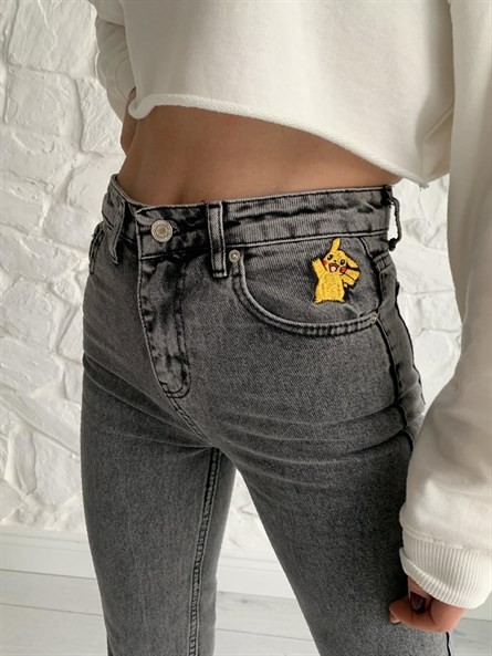 Pikachu İşleme Yıkama Mom Jean Füme Yıkama