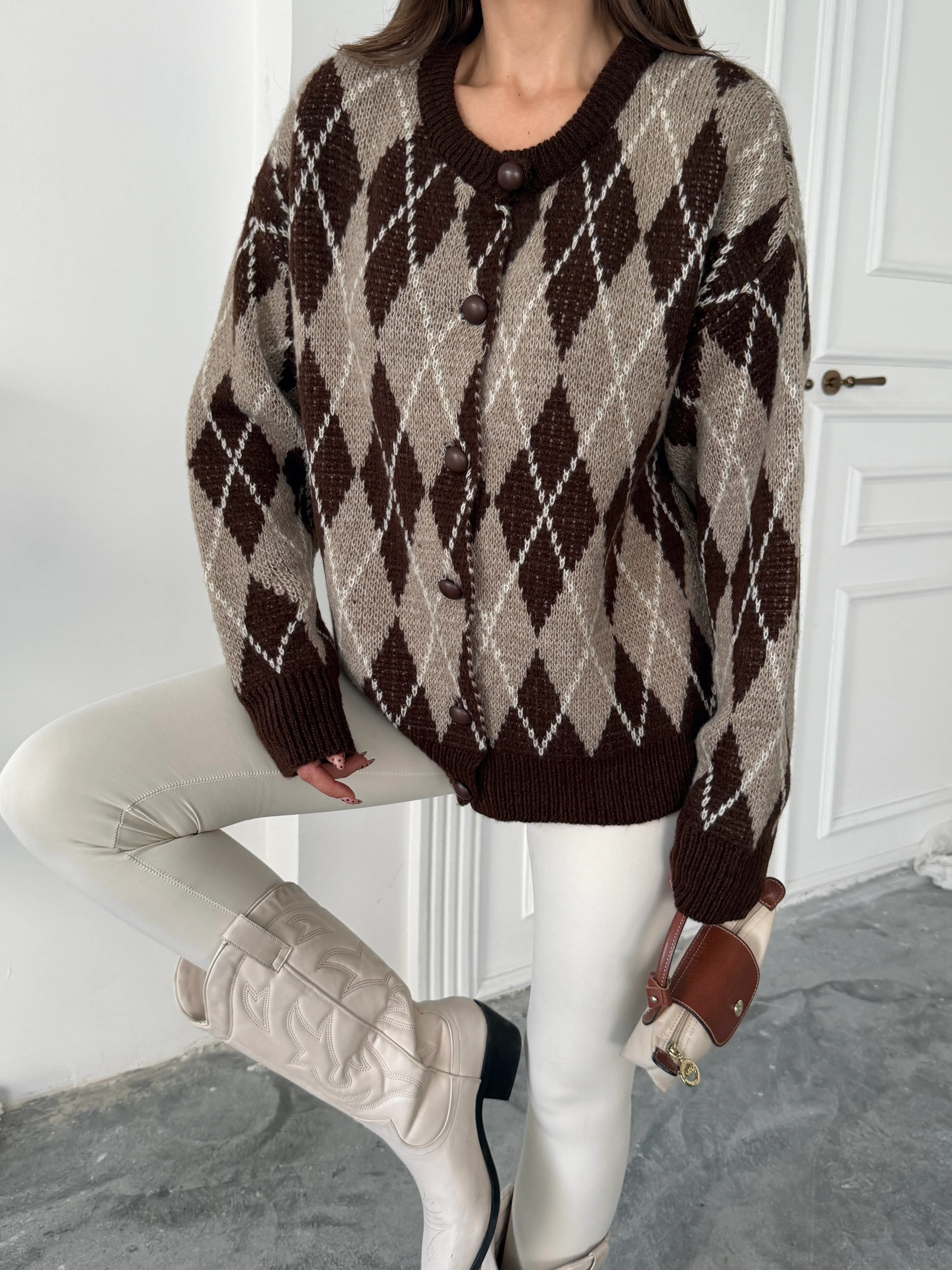 Bisiklet Yaka Baklava Desenli Hırka