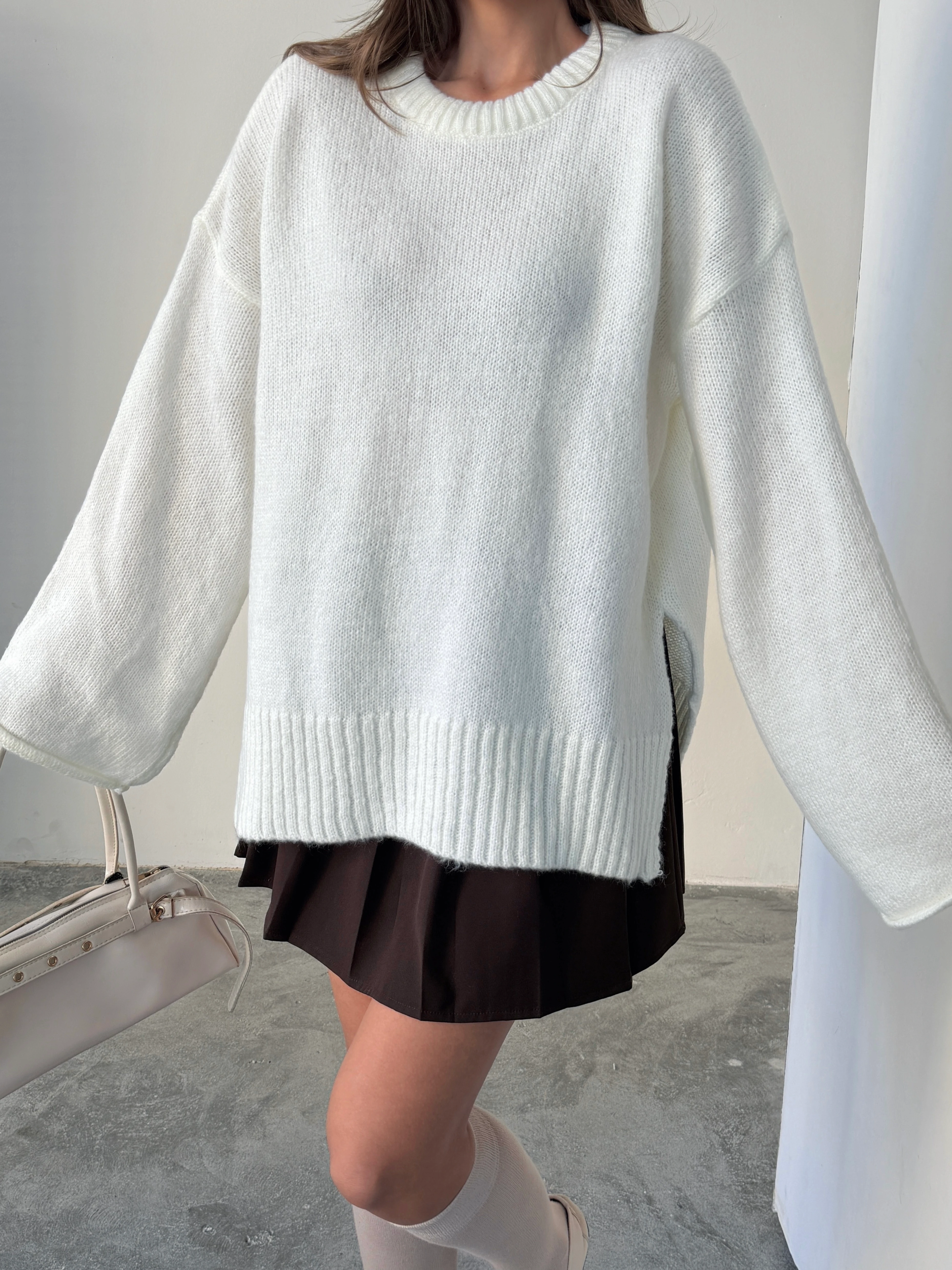 Yırtmaçlı Basic Triko  - Ekru