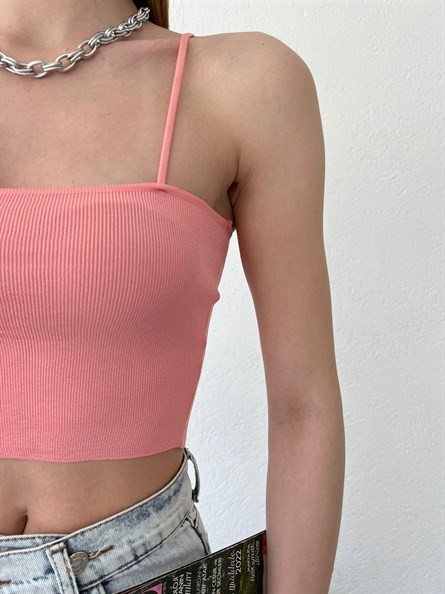 Kare Yaka İnce Askı Triko Bluz Pudra Pembe