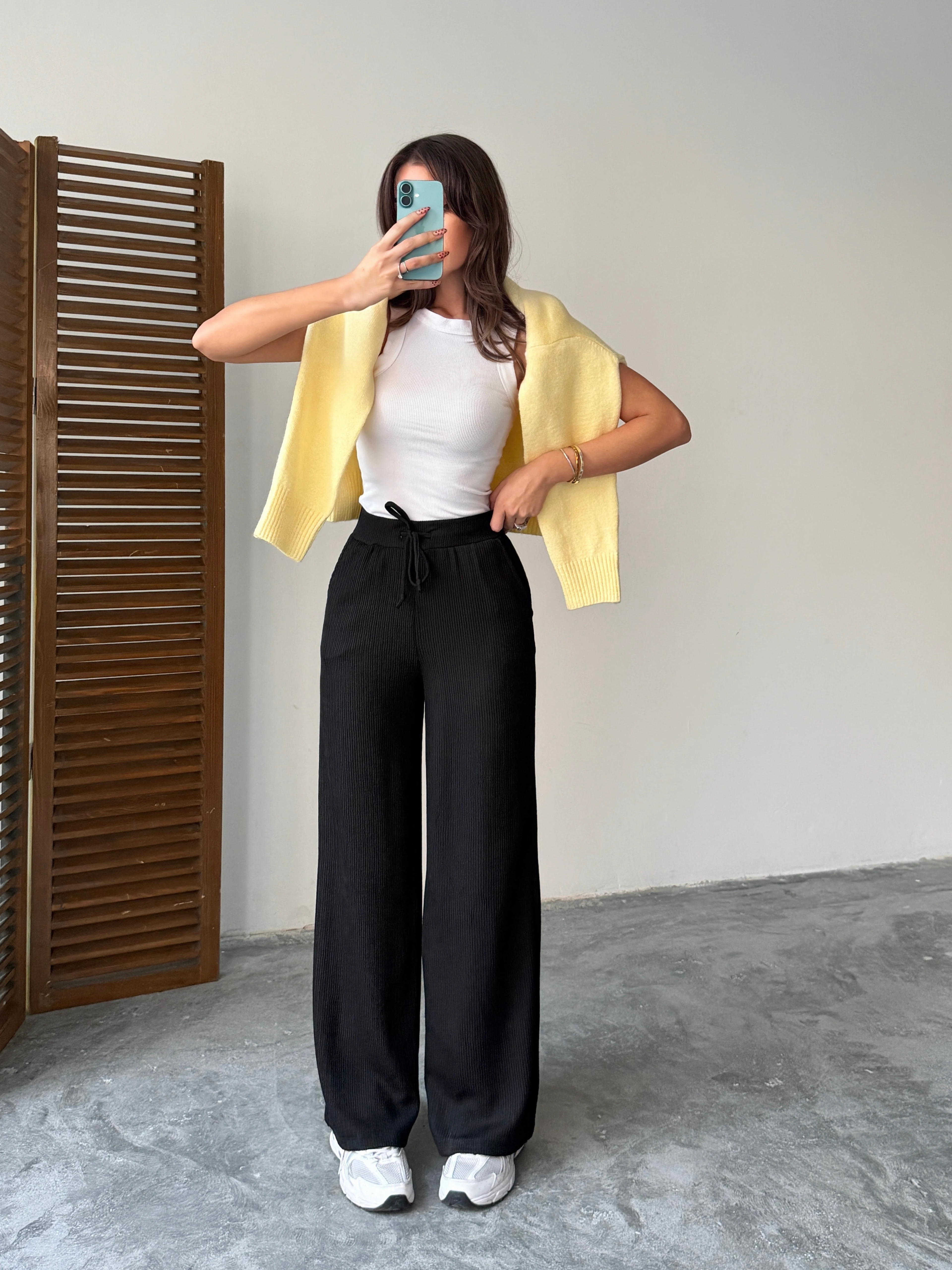 Bel Bağcık Fitilli Pantolon - Siyah