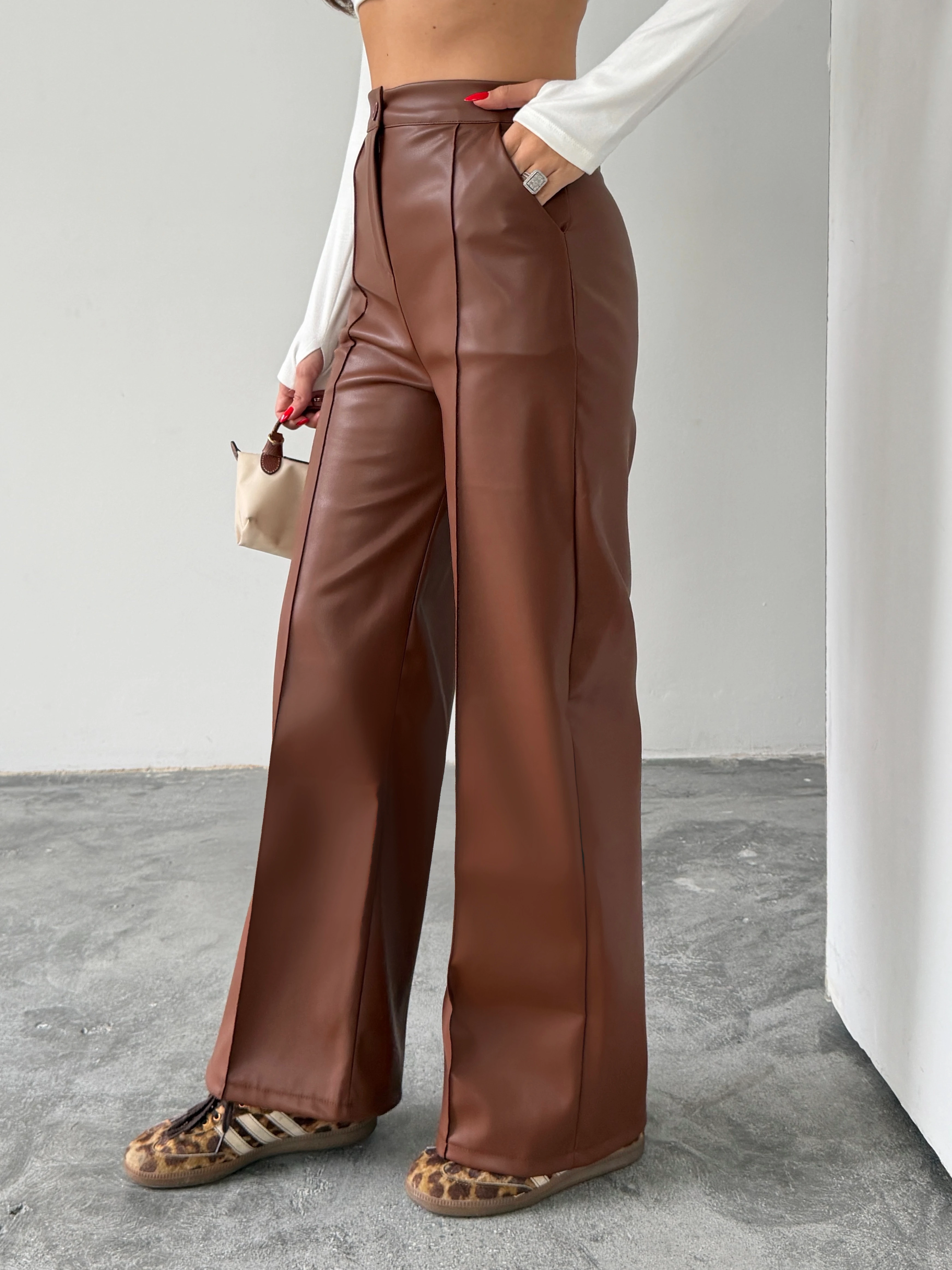 Çımalı Deri Palazzo Pantolon  - Taba