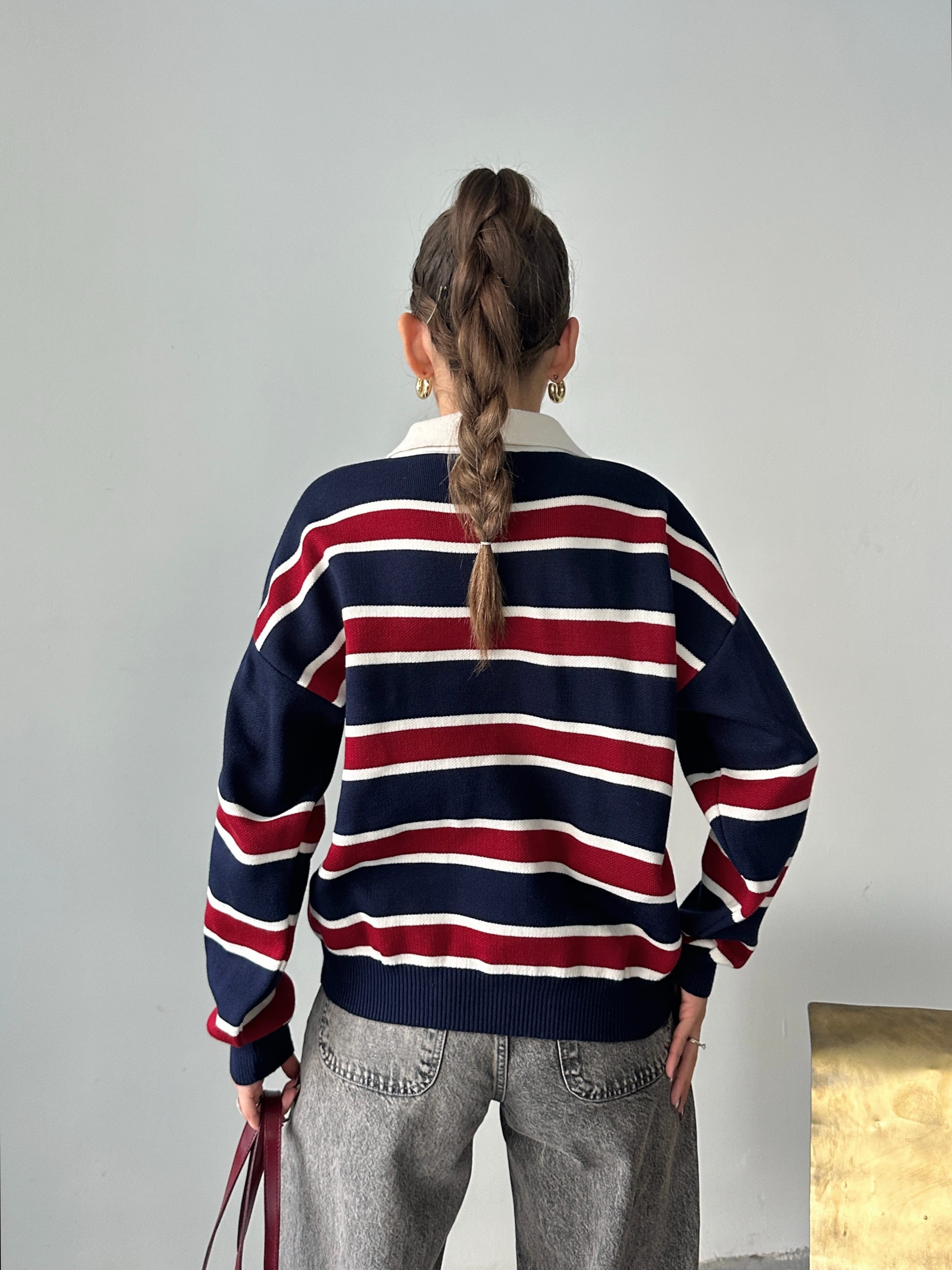 Polo Yaka Çizgili Triko - lacivert-bordo
