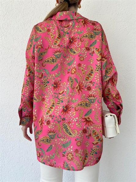 Bohem Desen Oversize Saten Gömlek Pembe
