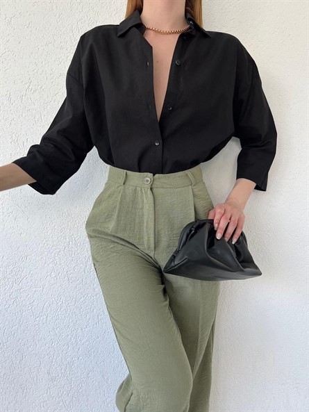 Fakir Kol Oversize Keten Gömlek Siyah