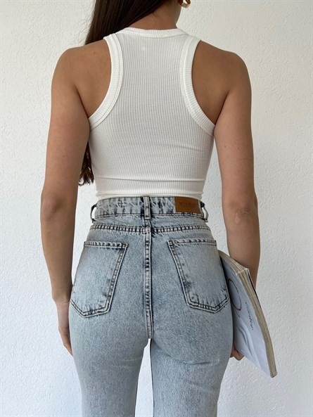 Halter Yaka Fitilli Croptop Beyaz