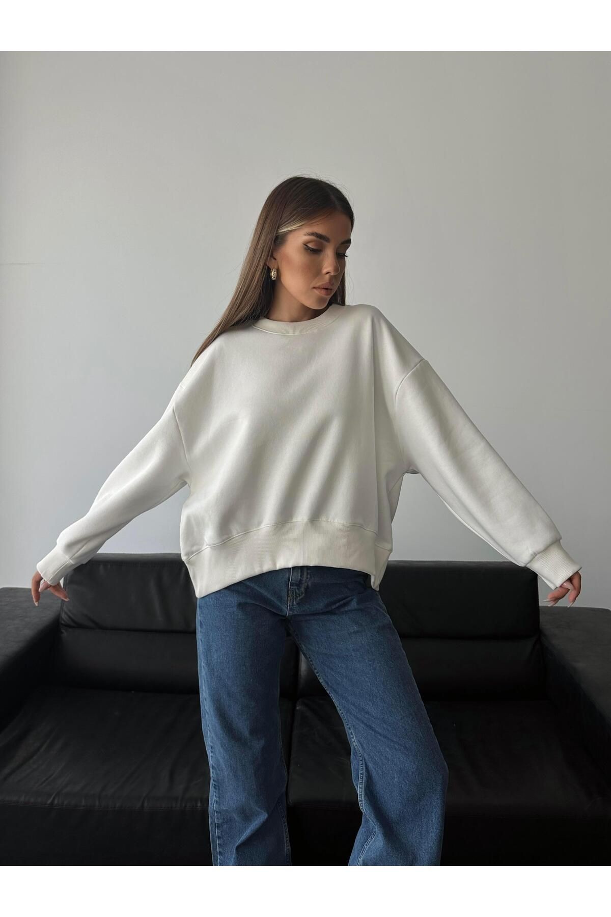 Sage Bisiklet Yaka Sweatshirt Beyaz