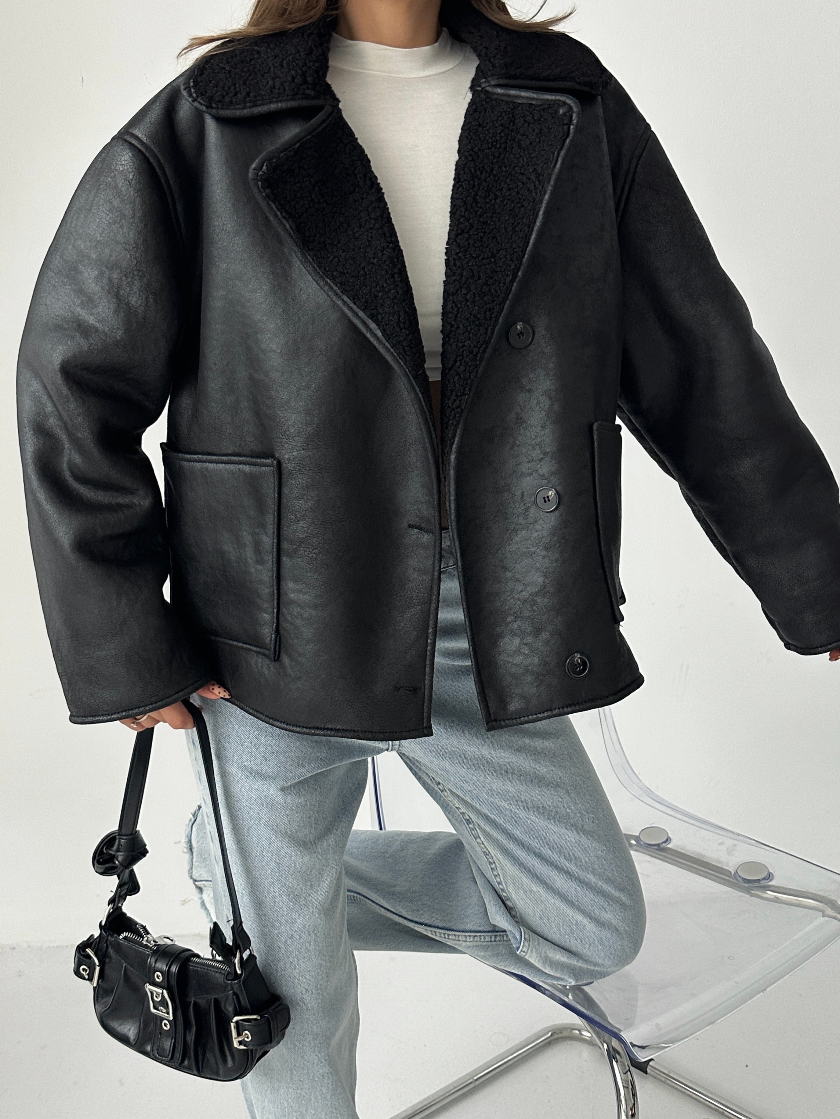 İçi Kürklü Oversize Mont - Black