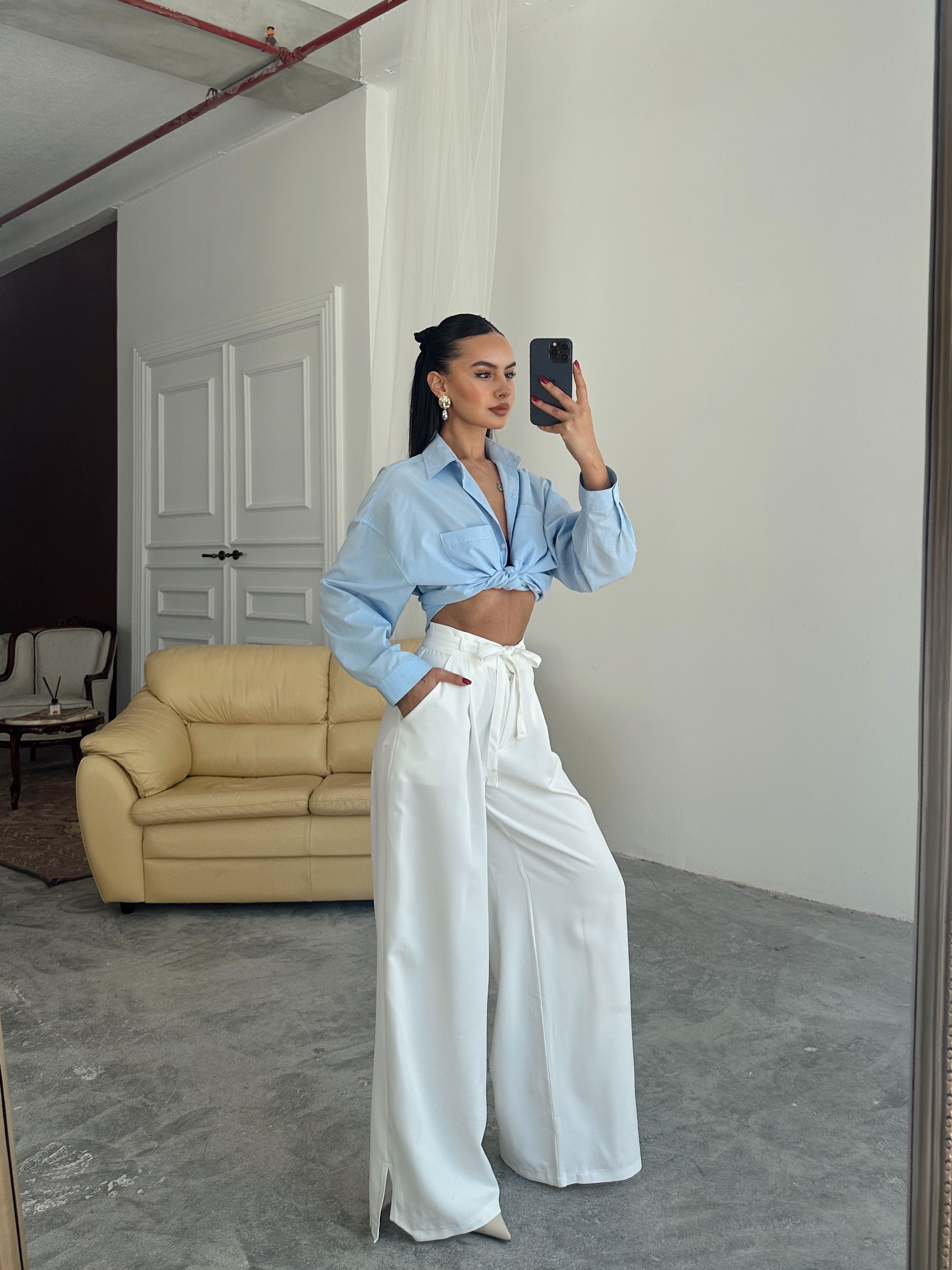 Nola Belden Bağlamalı Yırtmaçlı Pantolon Beyaz