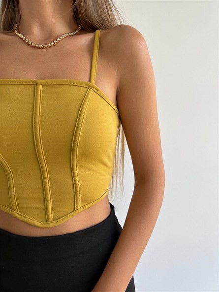 Sırt Fermuar Korse Askılı Crop Yağ Yeşili