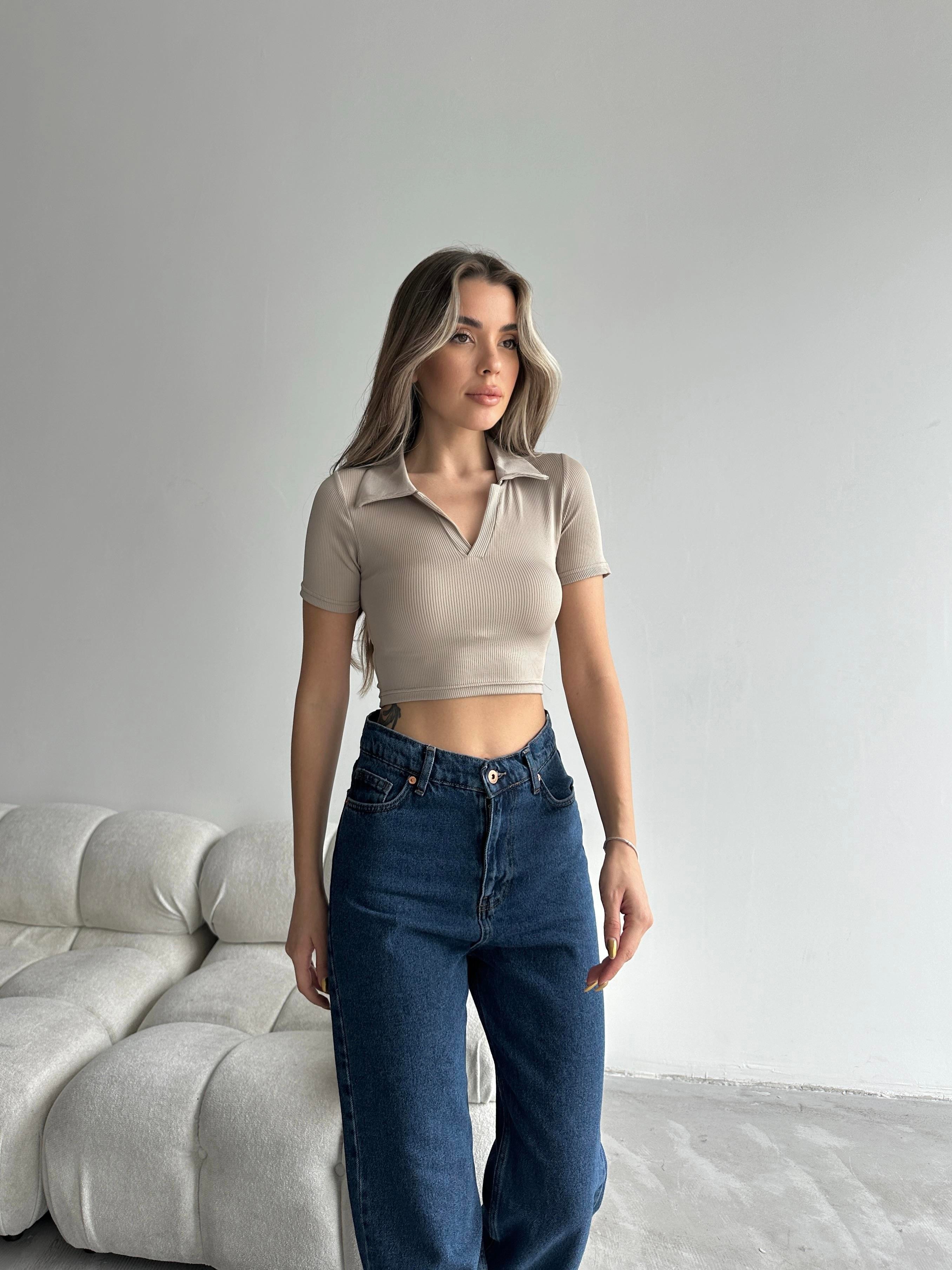 Arina Polo Yaka Crop Bej