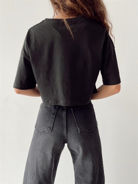 Queen Bisiklet Yaka Croptop Siyah