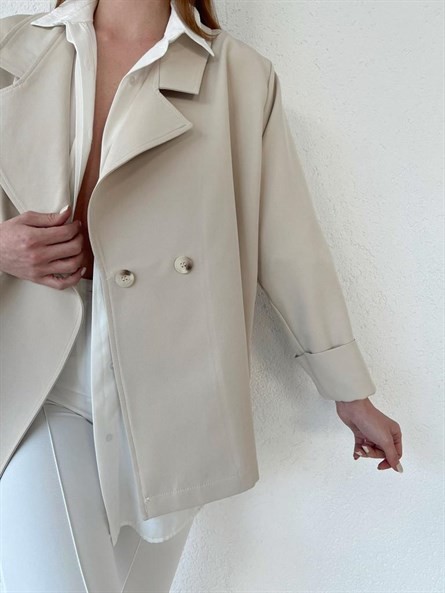 Oversize Düğmeli Kruvaze Ceket Taş