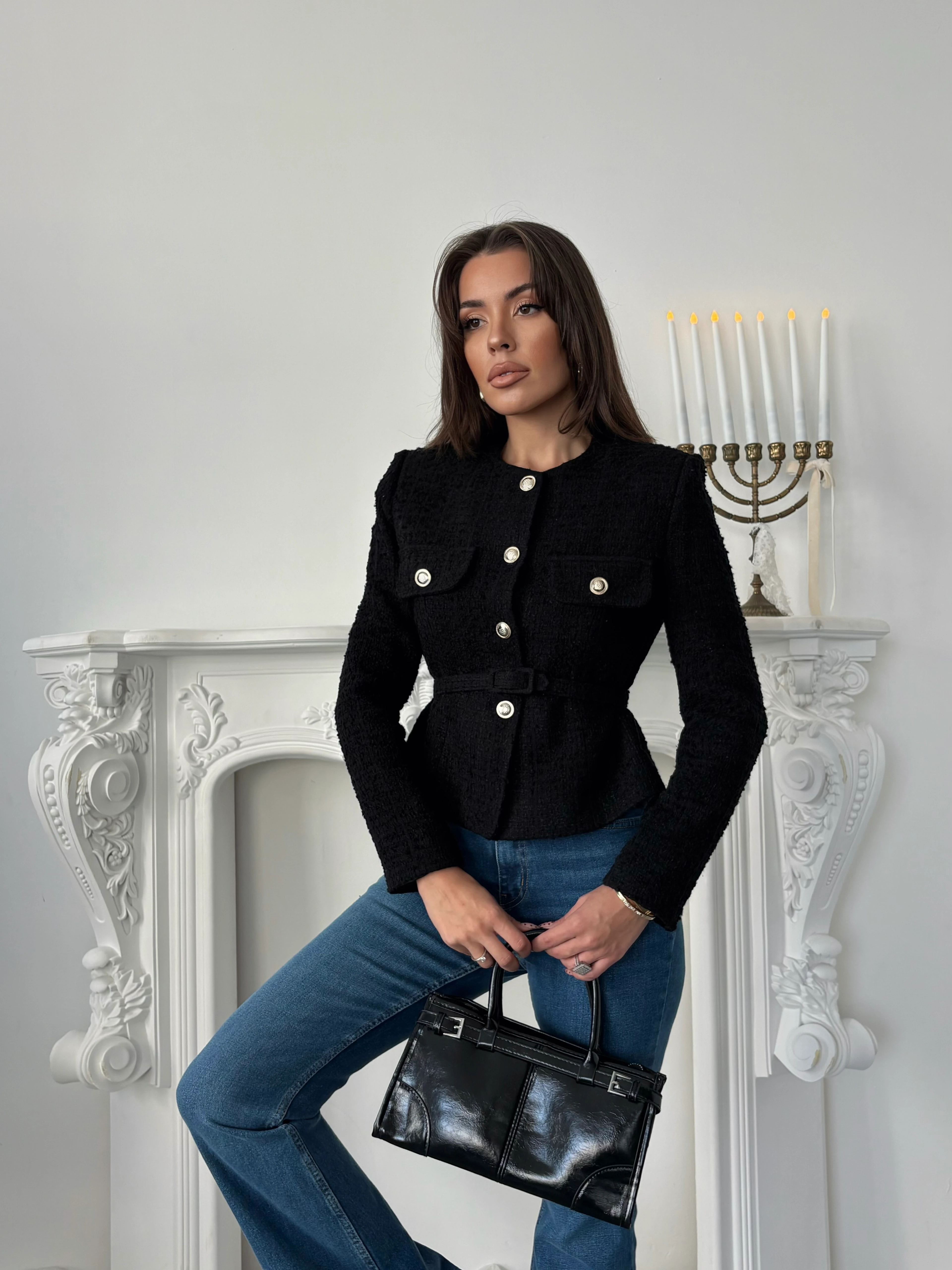 Kemer Detaylı Düğmeli Ceket - Siyah