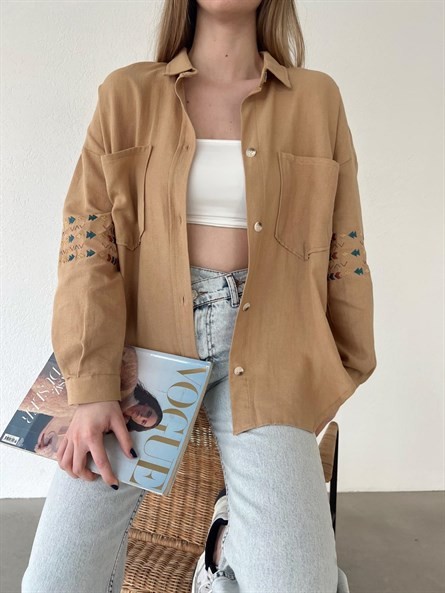 Etnik Nakışlı Oversize Gömlek Vizon