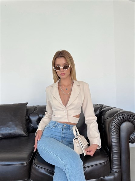 Bel Dekolte Crop Blazer Ceket Taş